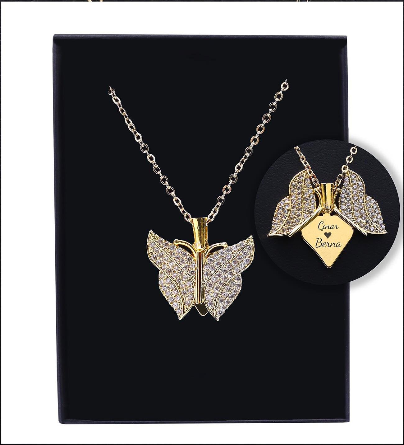 Kişiye Özel Zirkon Taşlı Açılır Kelebek Kanat Kolye