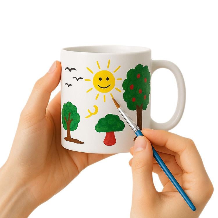 Kupa Bardak Boyama Seti – Kendin Tasarla Şablonsuz Seramik Kupa, 6 Renk Boya ve Fırça Hediyelik Hobi Seti