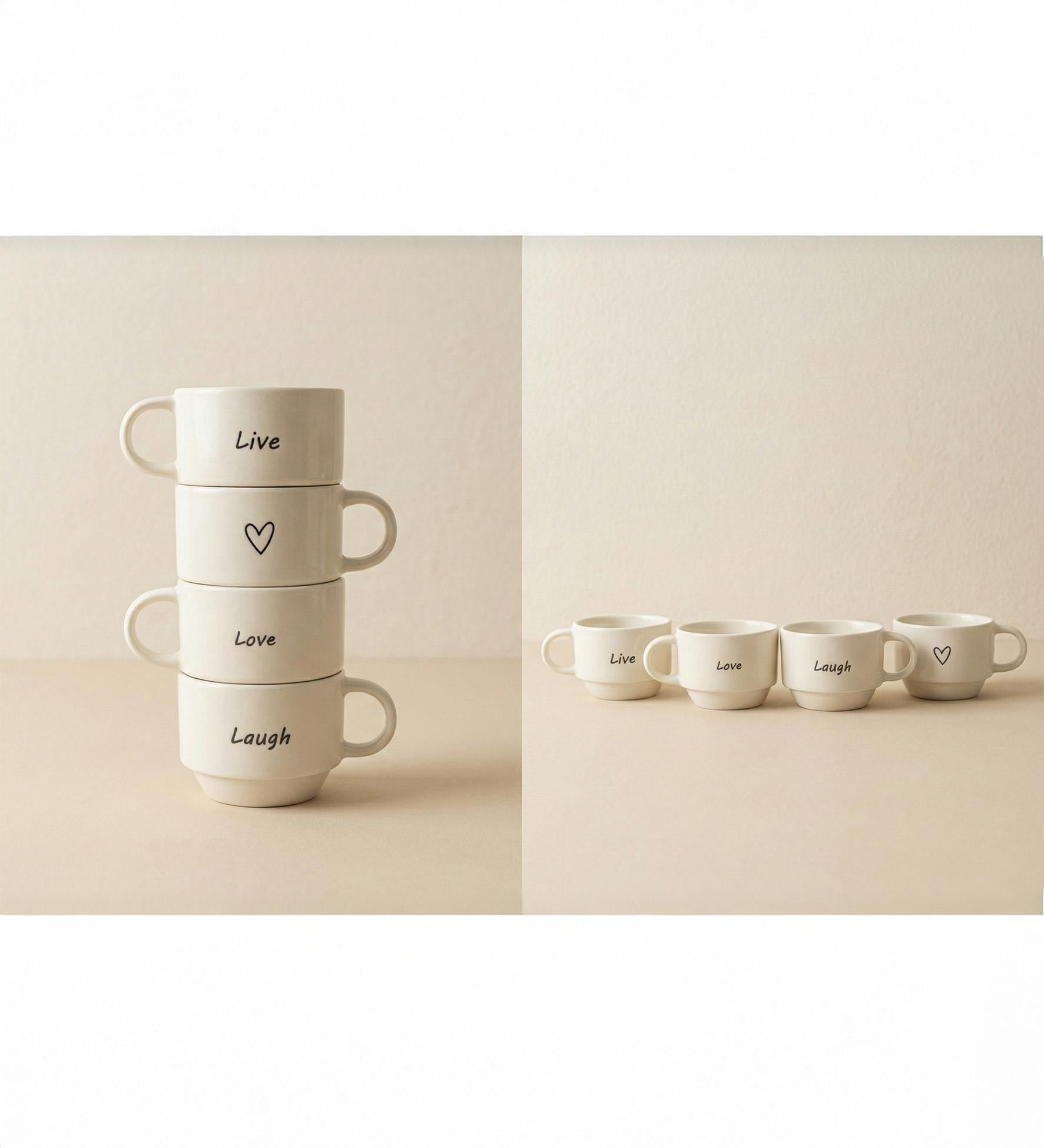 Live, Love, Laugh ve Kalp Baskılı 4'lü Porselen Espresso Kahve Fincan Takımı 100ml