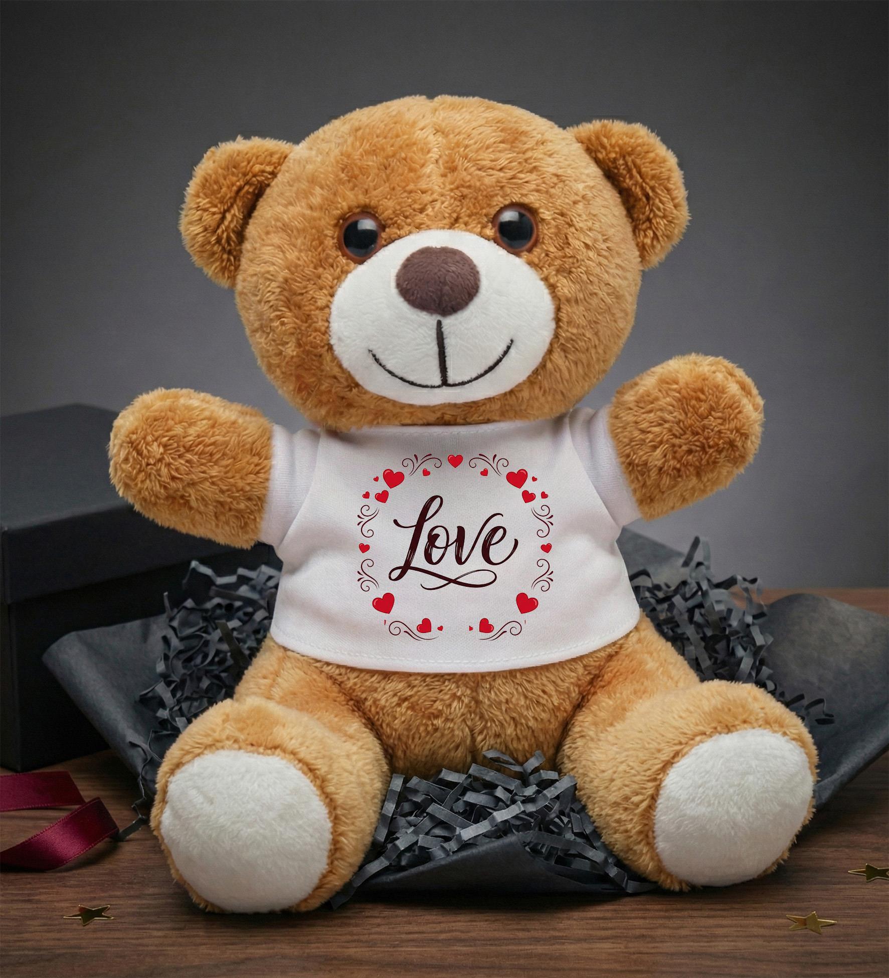 Love Tasarım Baskılı Tişörtlü Kahverengi Peluş Ayı Oyuncak Sevgiliye Hediye