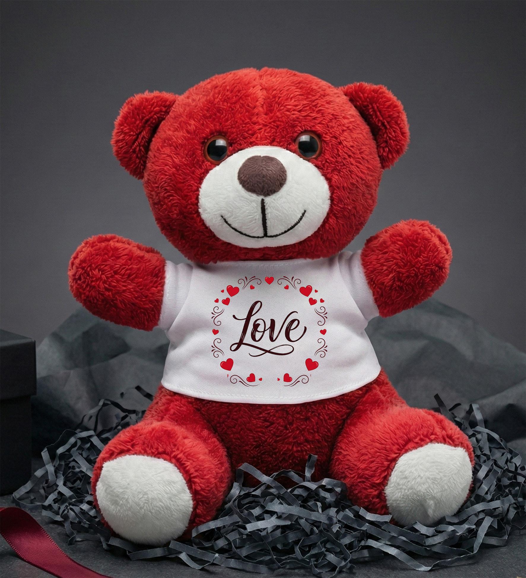 Love Tasarım Baskılı Tişörtlü Kırmızı Peluş Ayı Oyuncak Sevgiliye Hediye