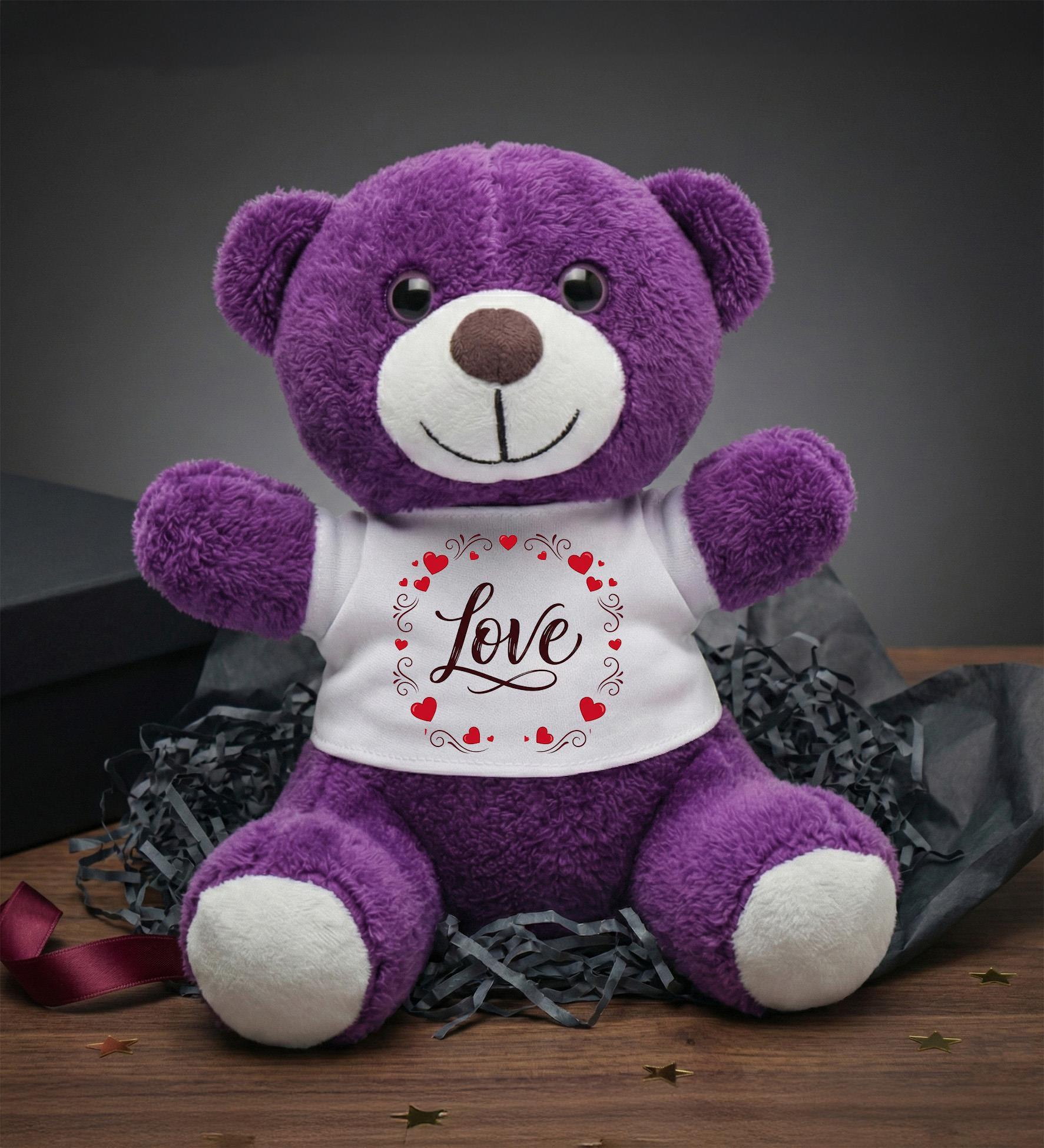 Love Tasarım Baskılı Tişörtlü Mor Peluş Ayı Oyuncak Sevgiliye Hediye