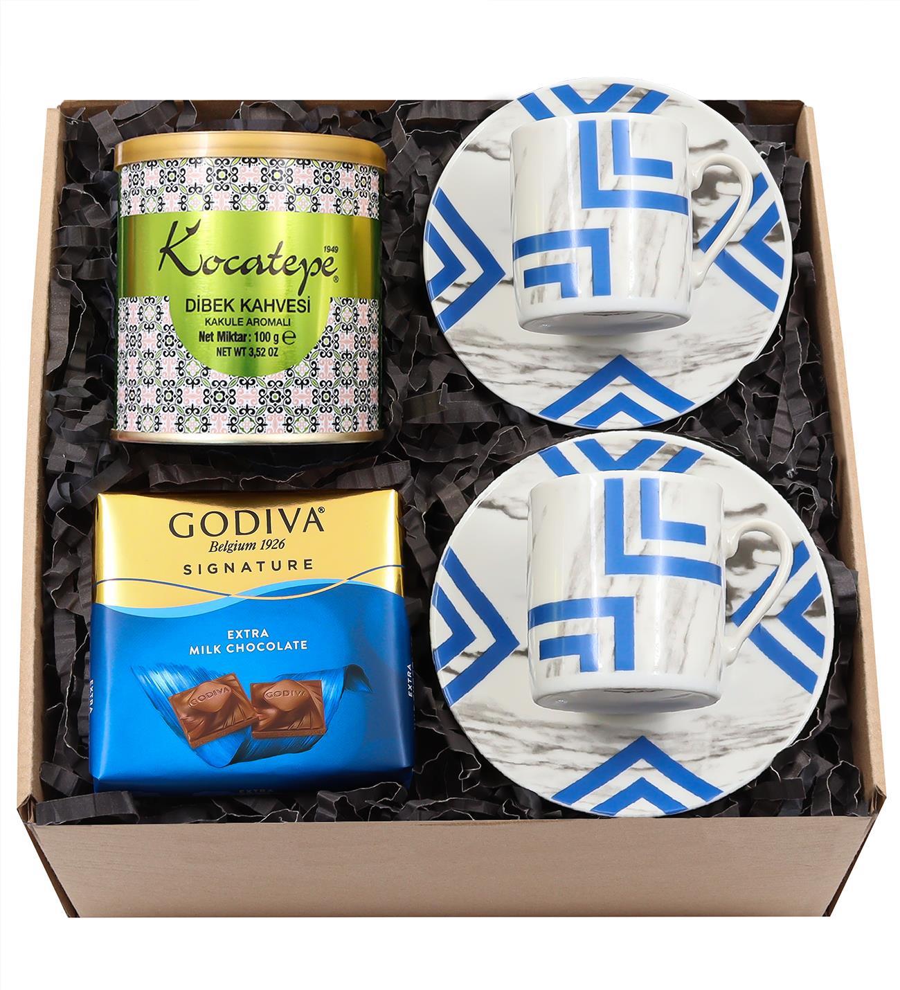Mavi Mermer Desenli Fincan Seti & Kocatepe Dibek Kahvesi & Godiva Çikolata Hediye Seti