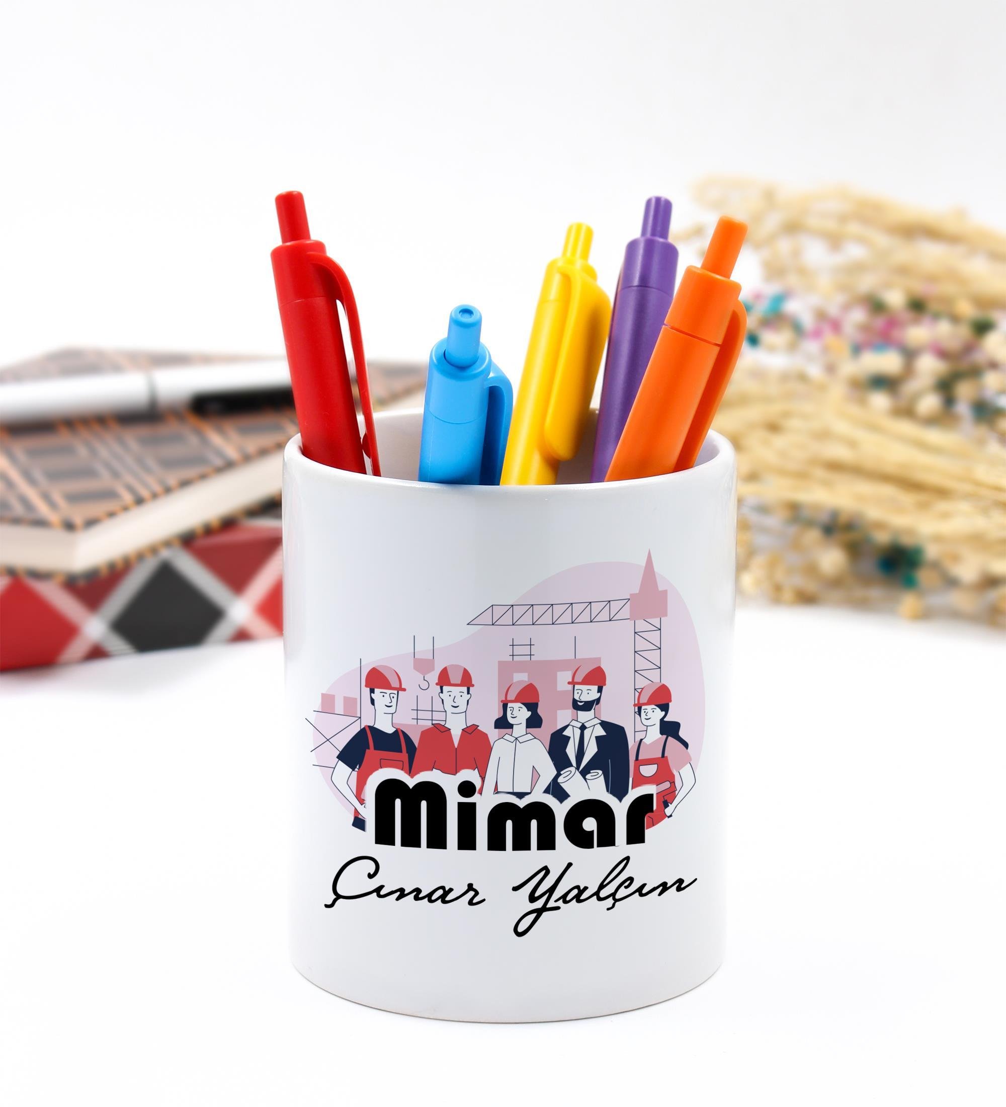 Mimarlara Özel Kişiselleştirilebilir Porselen Masaüstü Kalemlik 9,5cm Mimara Hediye - 2