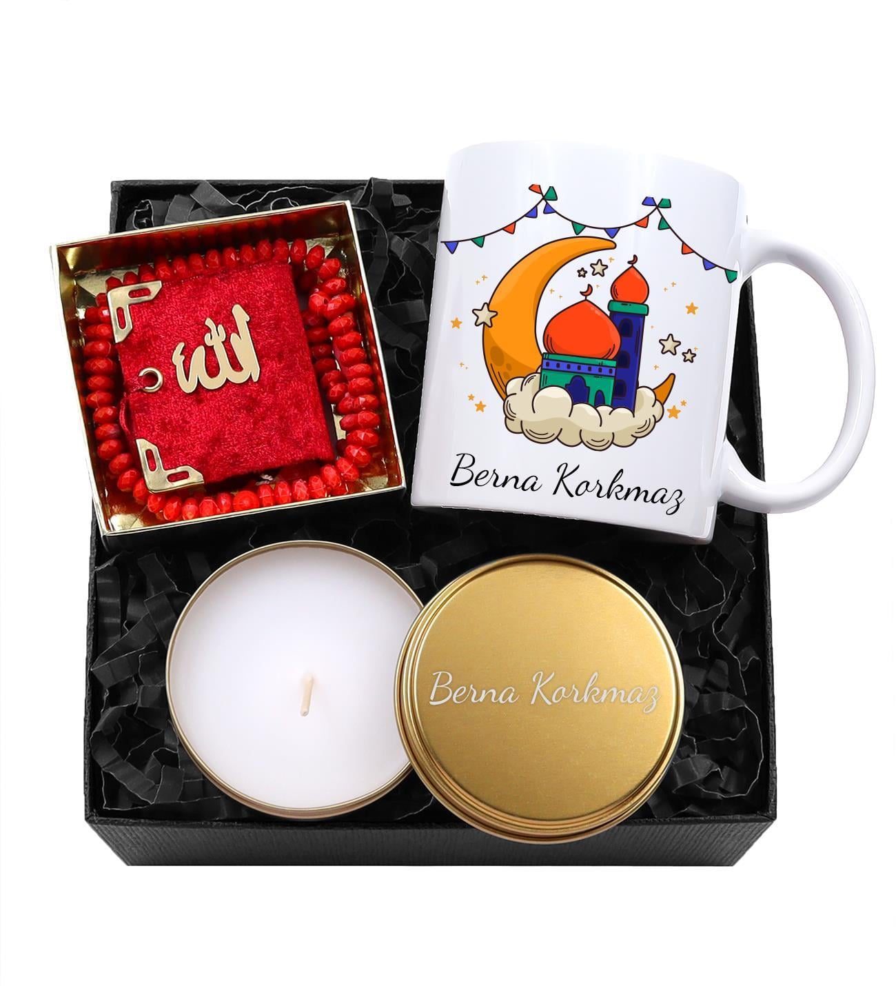 Mini Kur'an-ı Kerim ve Tesbih Seti & Kişiye Özel Ramazan Temalı Kupa & Gold Metal Kutulu Mum Hediye Seti