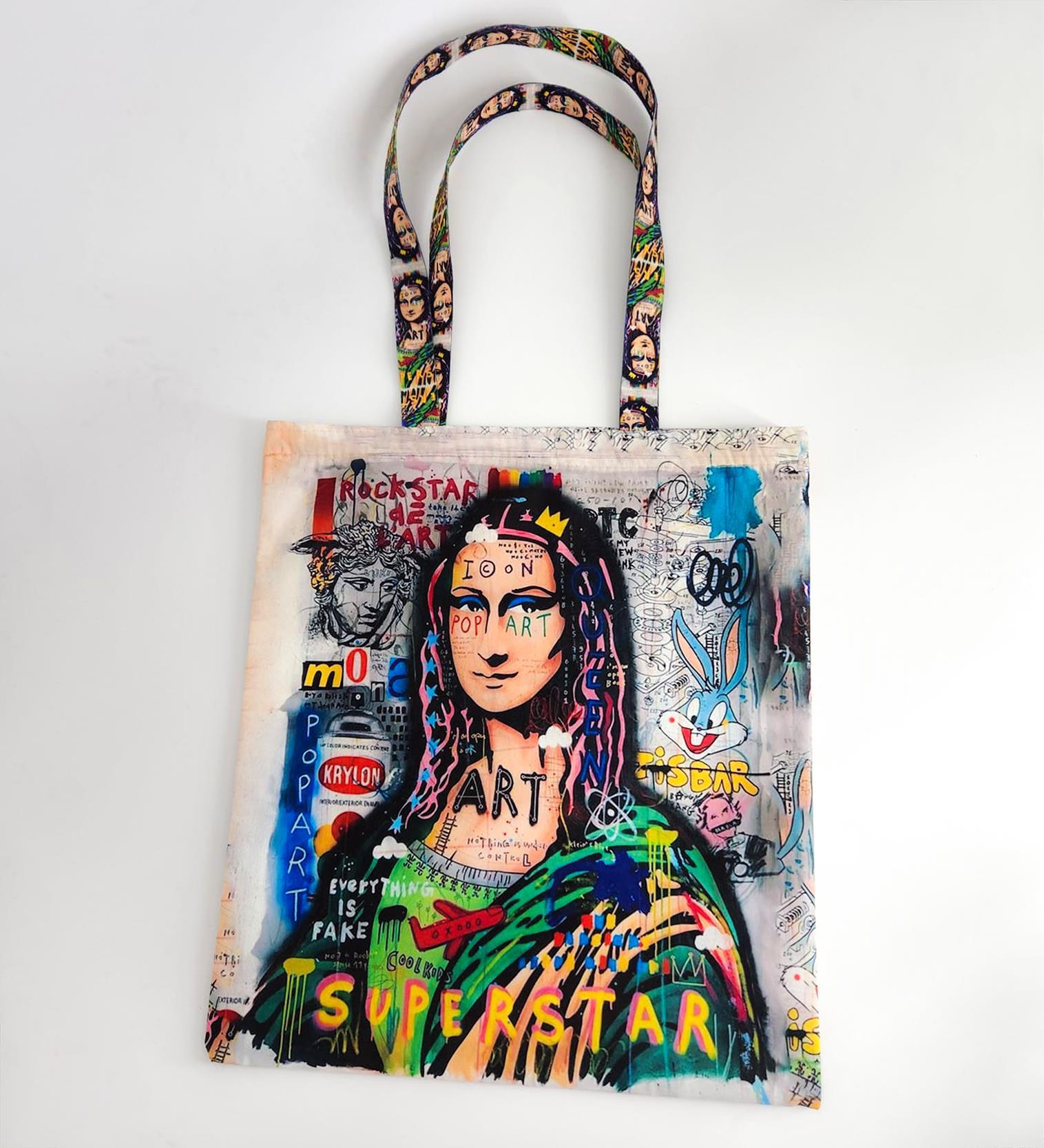 Mona Lisa Tasarımlı Baskılı Kumaş Bez Çanta Tek Bölmeli Kol ve Omuz Çantası