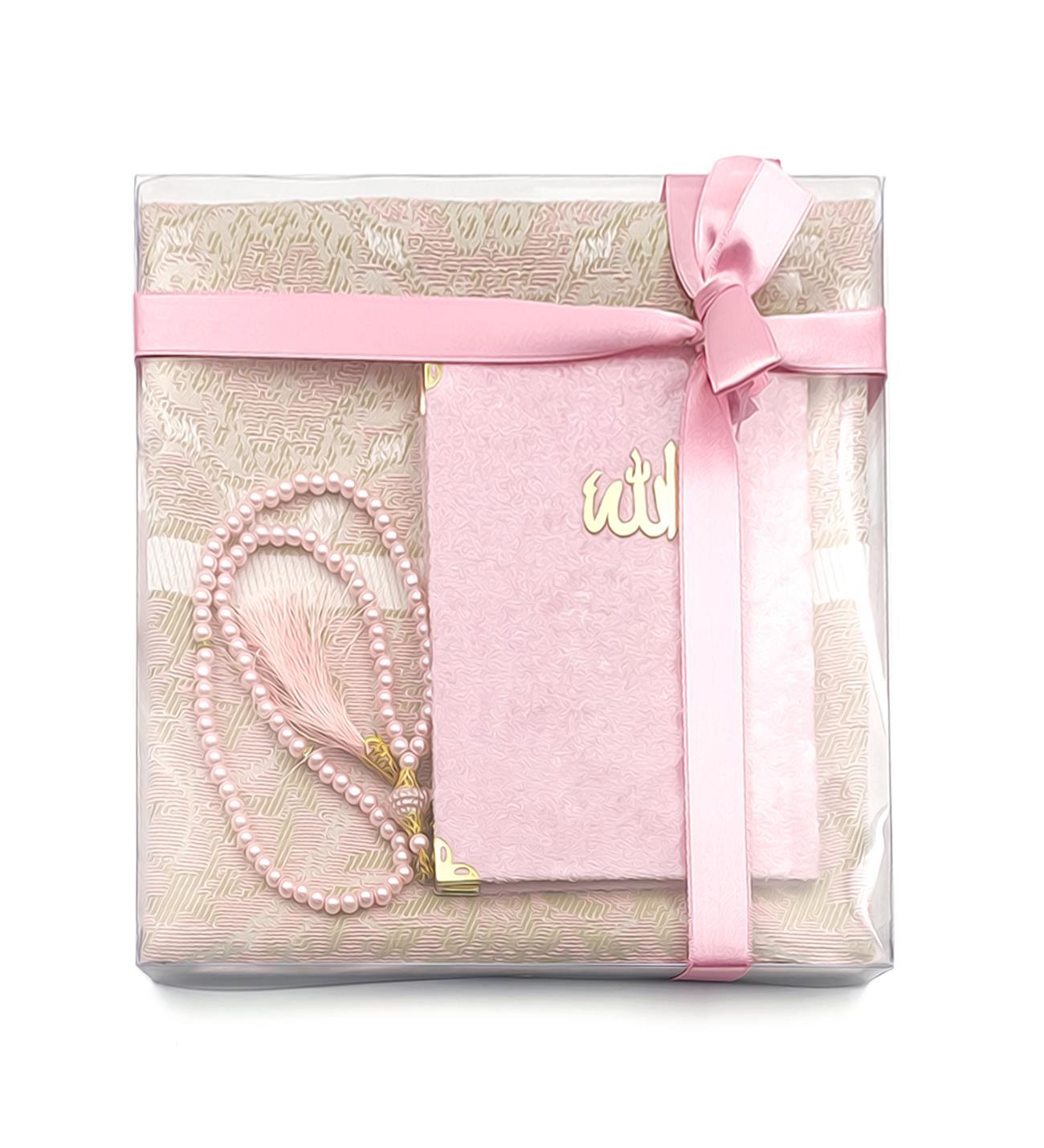 Özel Kurdeleli Kutulu Hediyelik Pembe Yasin & Seccade & Tesbih Hediye Seti