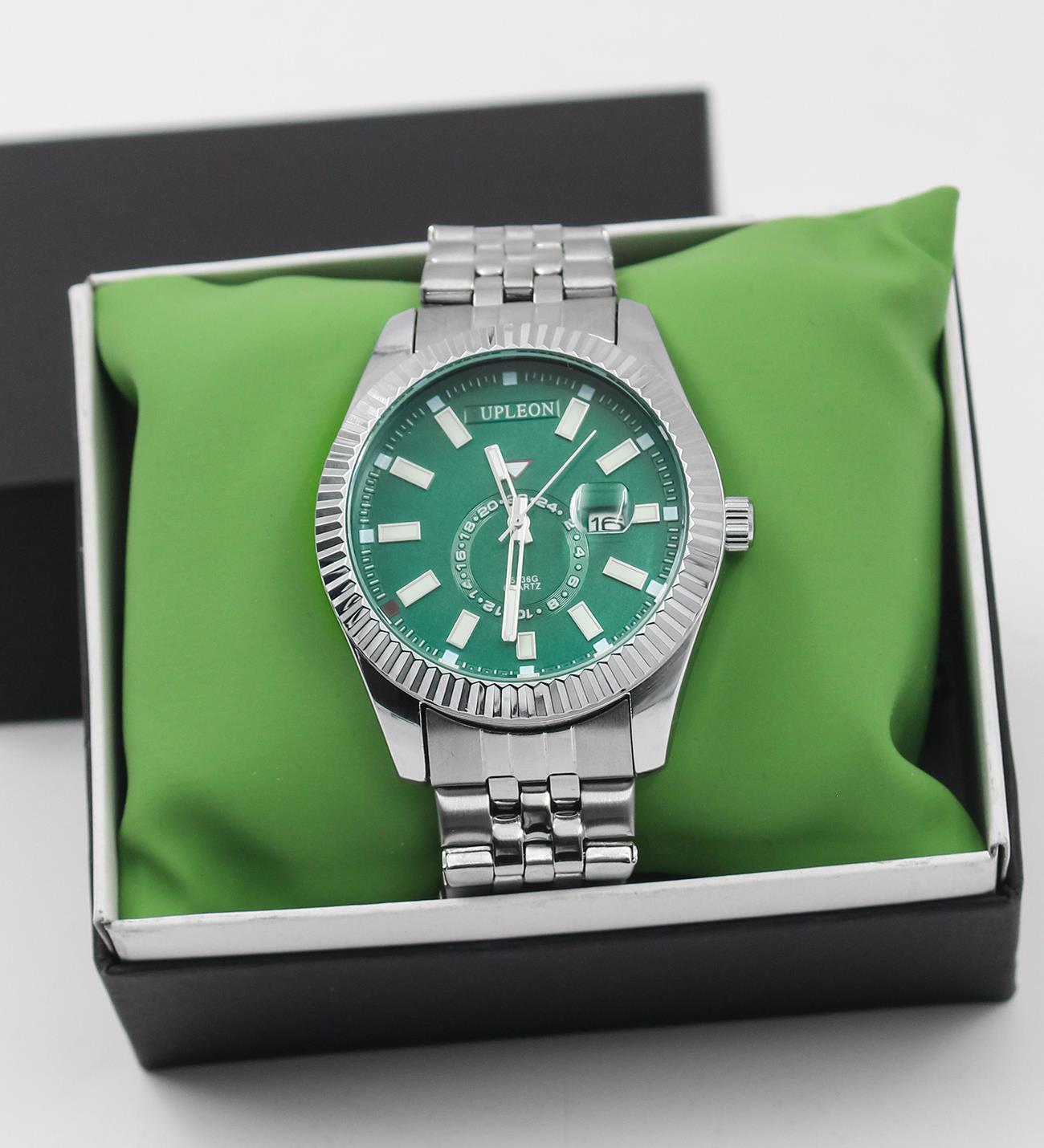 Özel Kutulu Yeşil Kadran Klasik Paslanmaz Çelik Takvimli Gümüş Renk Lüks Erkek Kol Saati