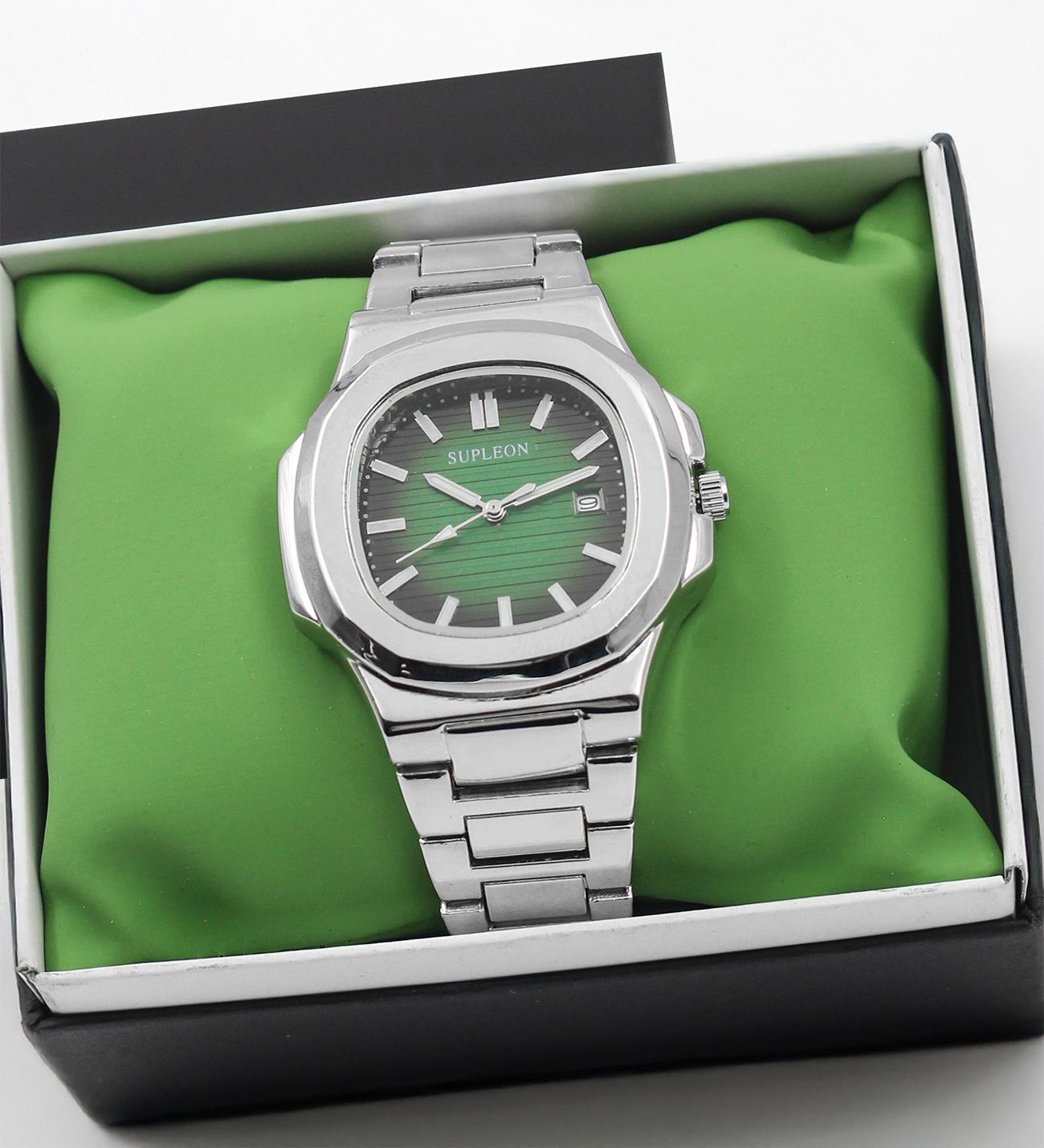 Özel Kutulu Yeşil Kadran Köşeli Paslanmaz Çelik Gümüş Renk Lüks Erkek Kol Saati