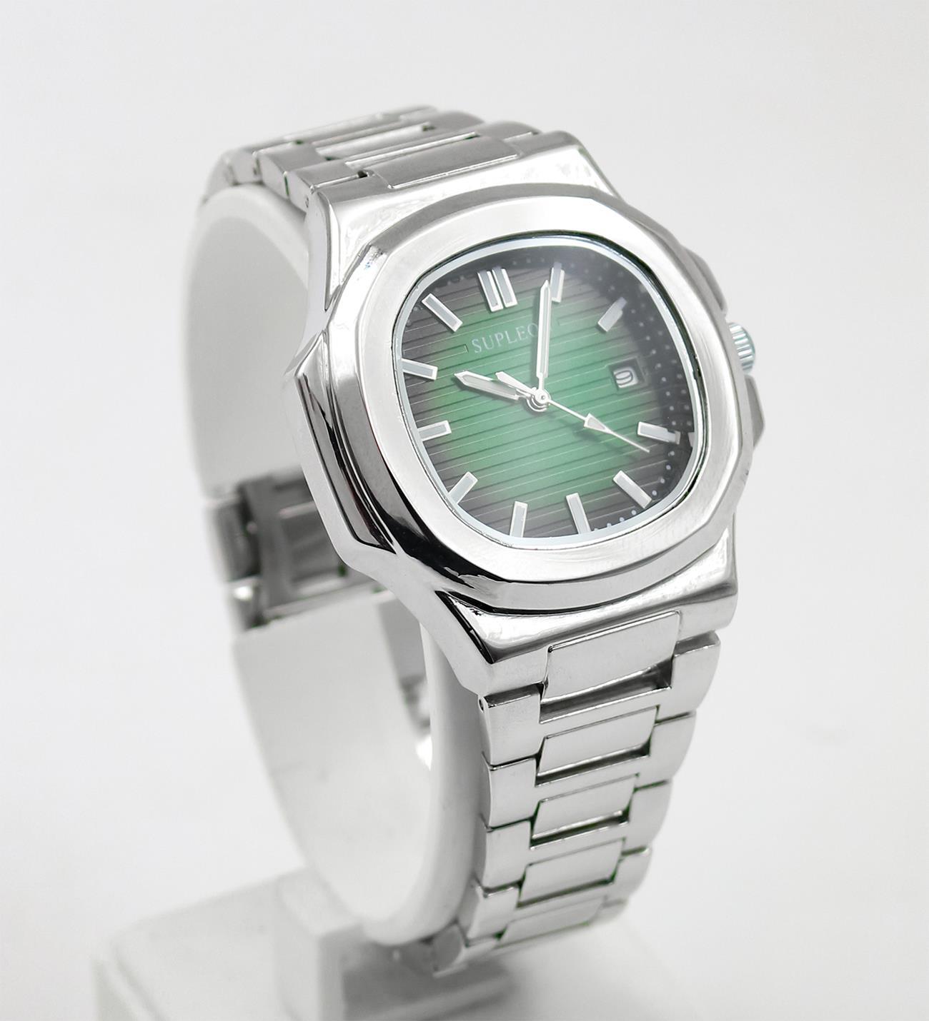 Özel Kutulu Yeşil Kadran Köşeli Paslanmaz Çelik Gümüş Renk Lüks Erkek Kol Saati