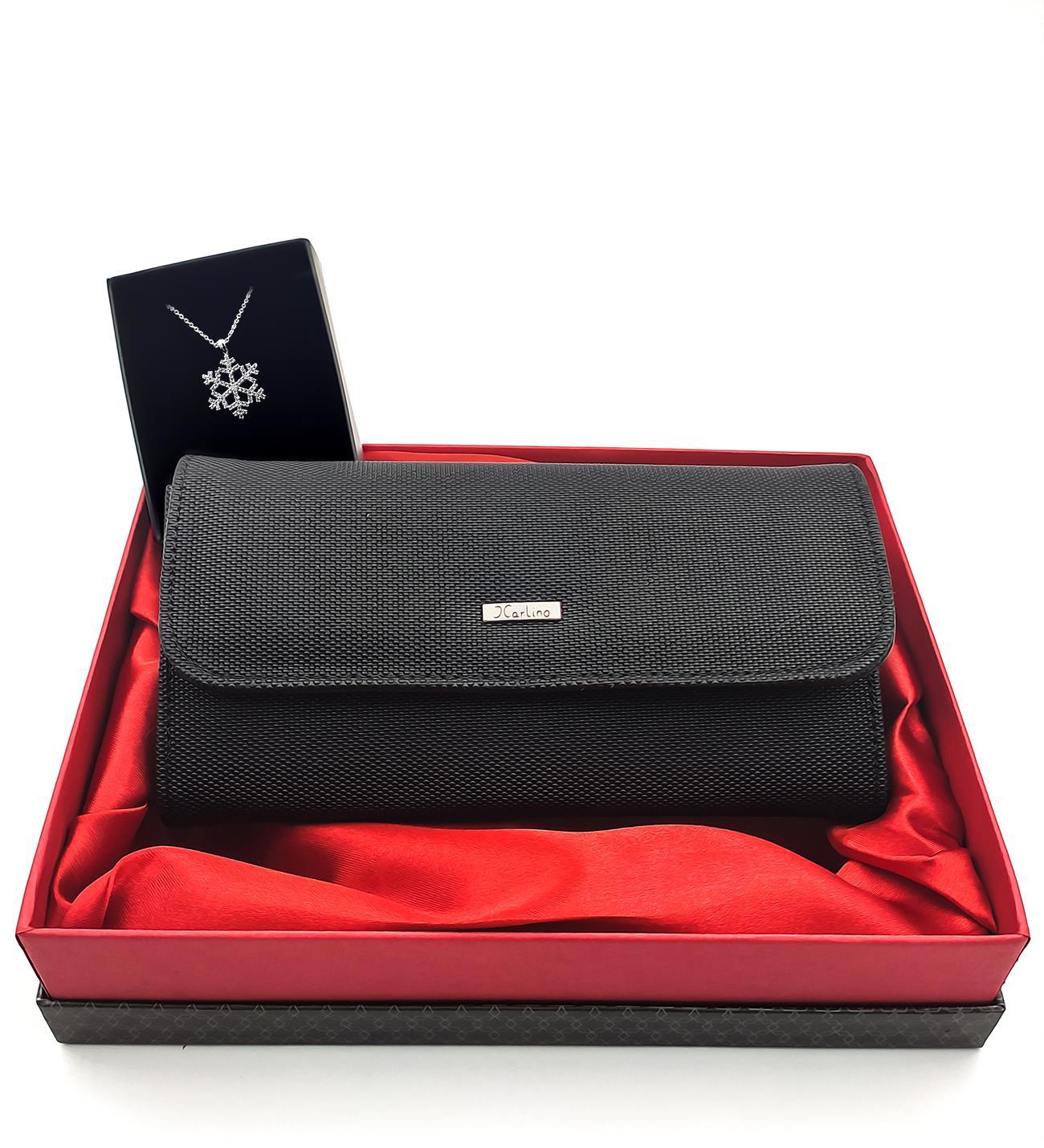 Özel Kutusunda Hediyelik Siyah Kadın Cüzdan & Kar Tanesi Kolye Hediye Seti