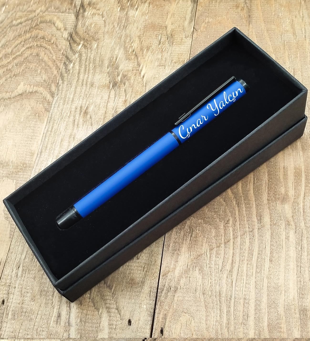 Özel Kutusunda Kişiye Özel Hediyelik Mat Mavi Roller Kalem