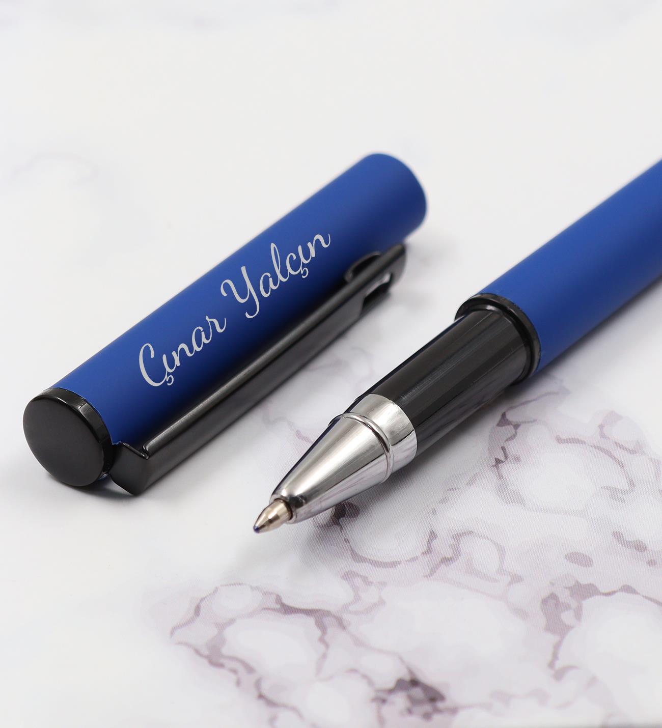 Özel Kutusunda Kişiye Özel Hediyelik Mat Mavi Roller Kalem