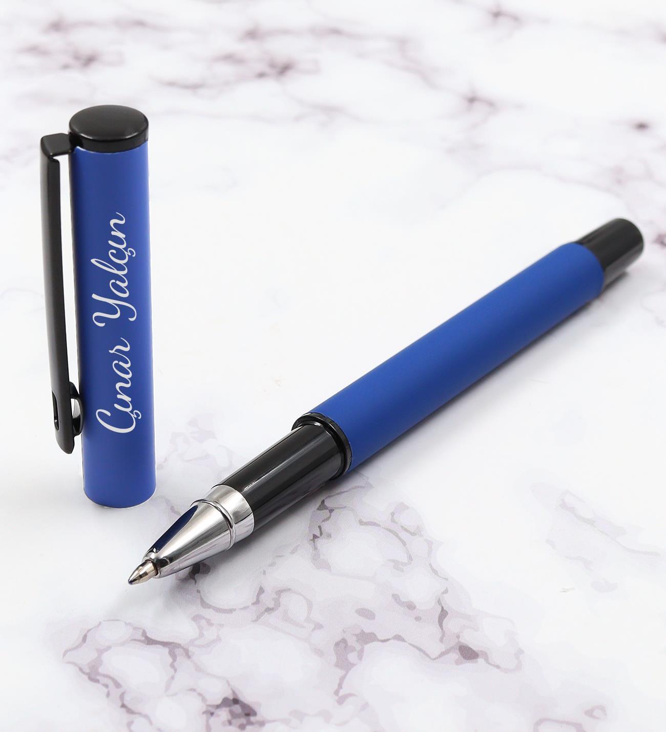 Özel Kutusunda Kişiye Özel Hediyelik Mat Mavi Roller Kalem