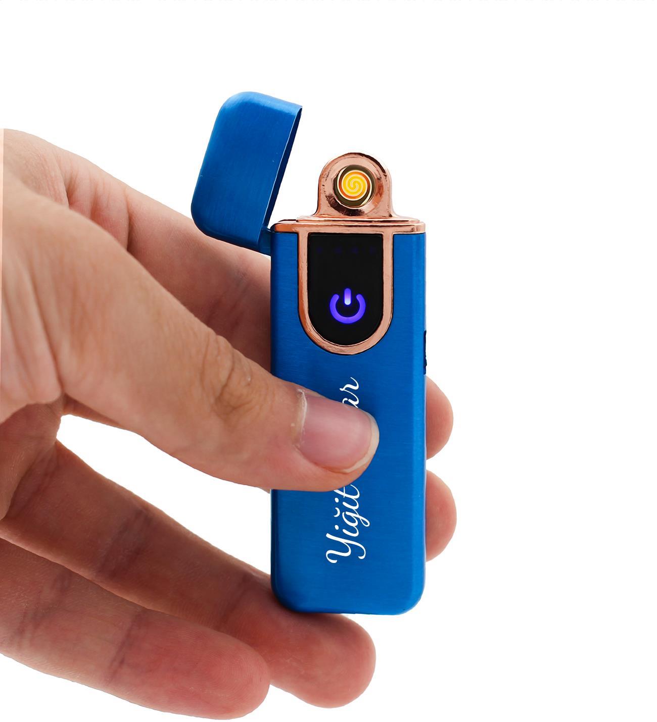 Özel Kutusunda Kişiye Özel USB Şarjlı Kapaklı Mavi Çakmak