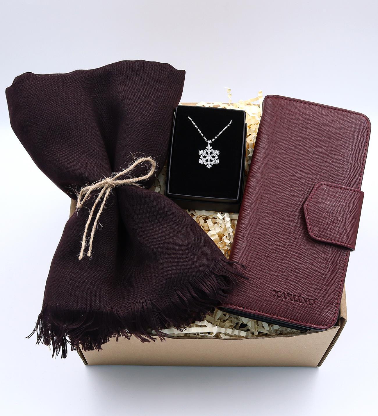 Şal & Bordo Kadın Cüzdanı & Kar Tanesi Kolye Hediye Seti