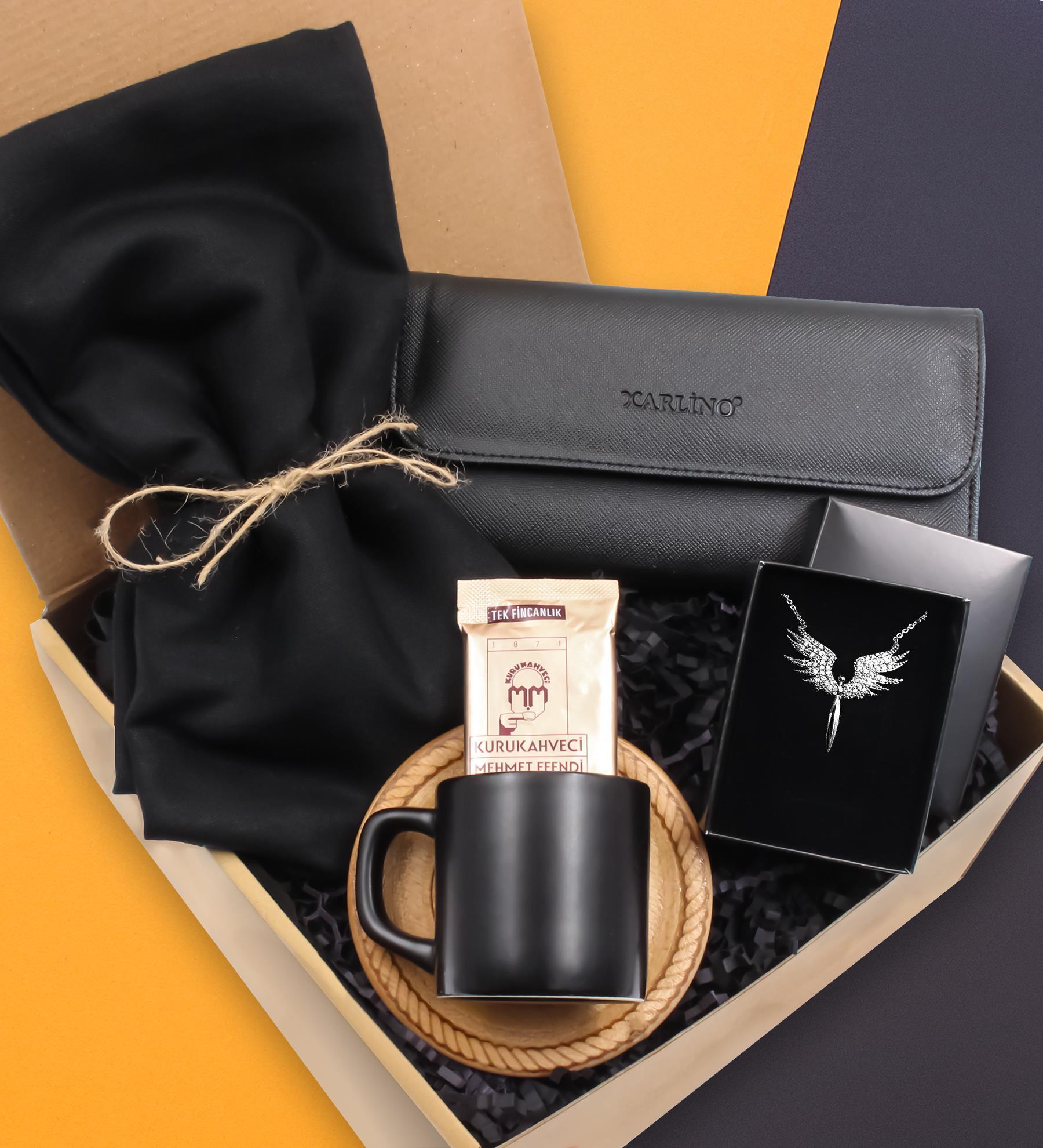 Şal & Siyah Kadın Cüzdan & Gümüş Kaplama Melek Kolye & Ahşap Altlıklı Siyah Fincan & Kahve Hediye Seti Kadına Hediye Anneye Hediye
