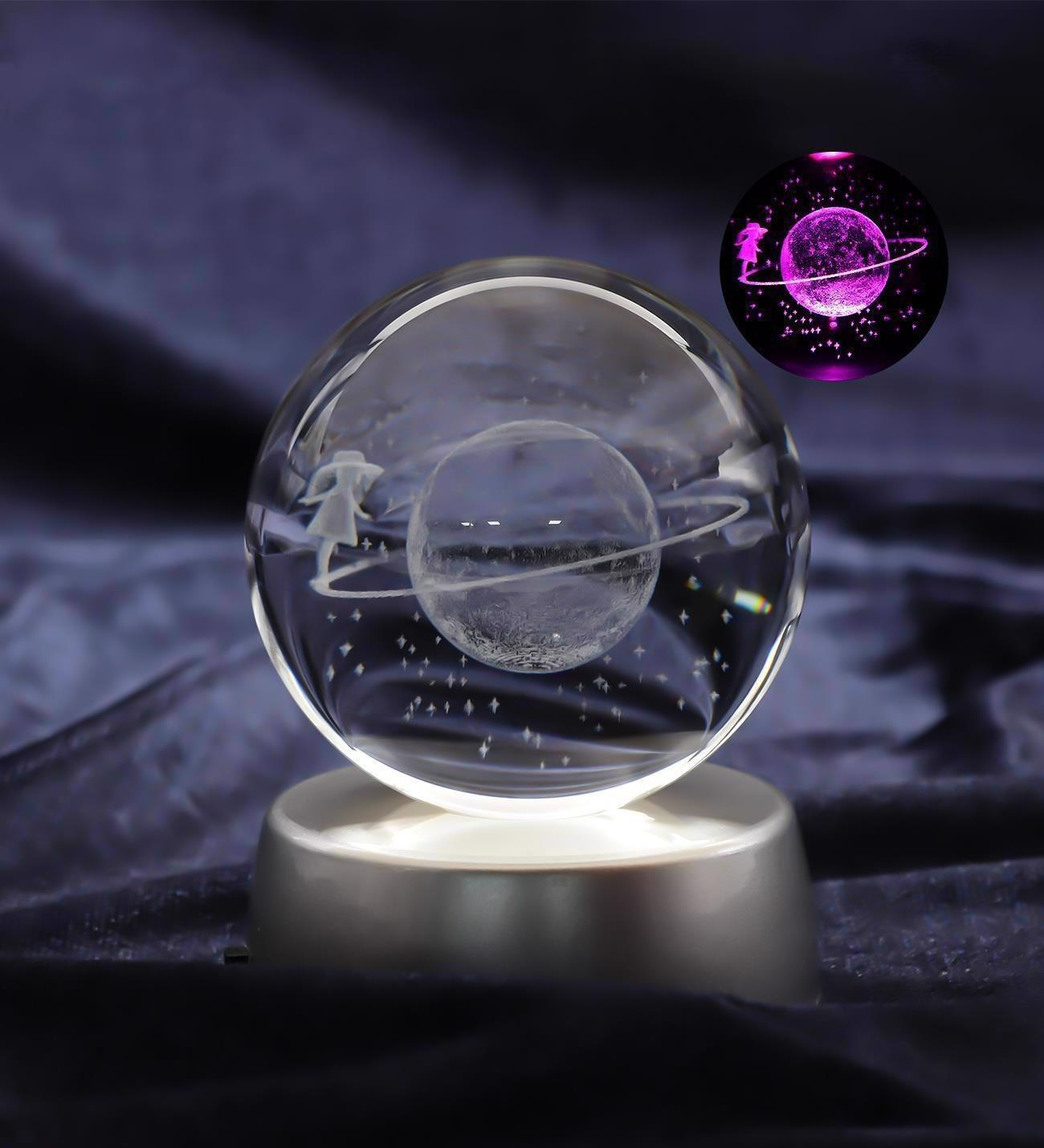 Satürnlü Kız 3D Işıklı Hediyelik Kristal Küre