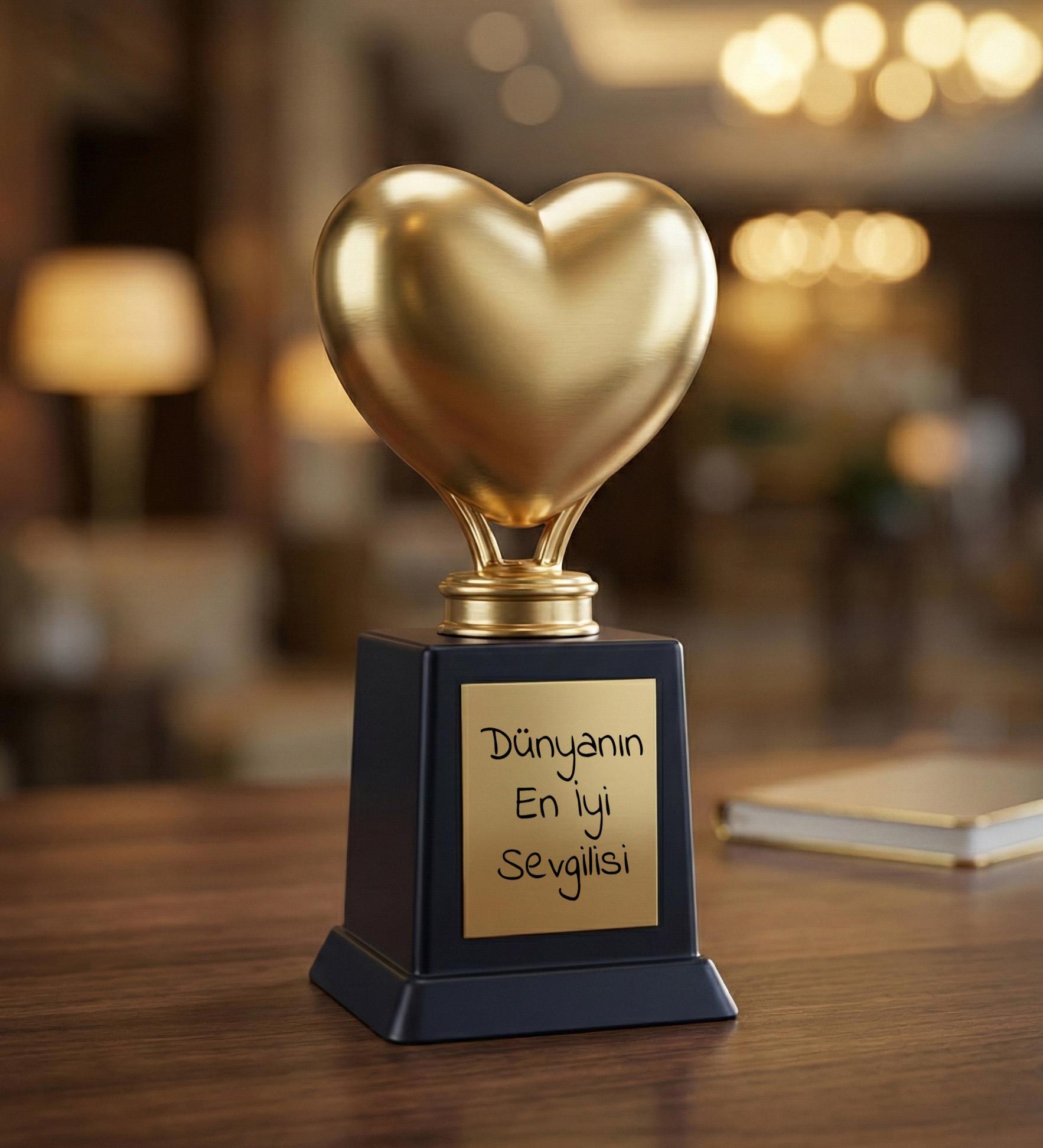 Sevgiliye Özel Kalpli Ödül Kupası & Kişiye Özel Enamel Kupa Hediye Seti Sevgiliye Hediye