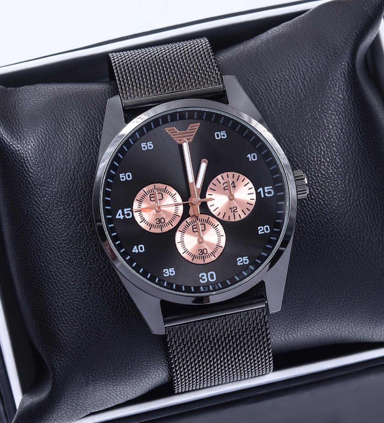 Siyah Hasır Kordon Erkek Kol Saati & Rose Çelik Bileklik Hediye Seti 