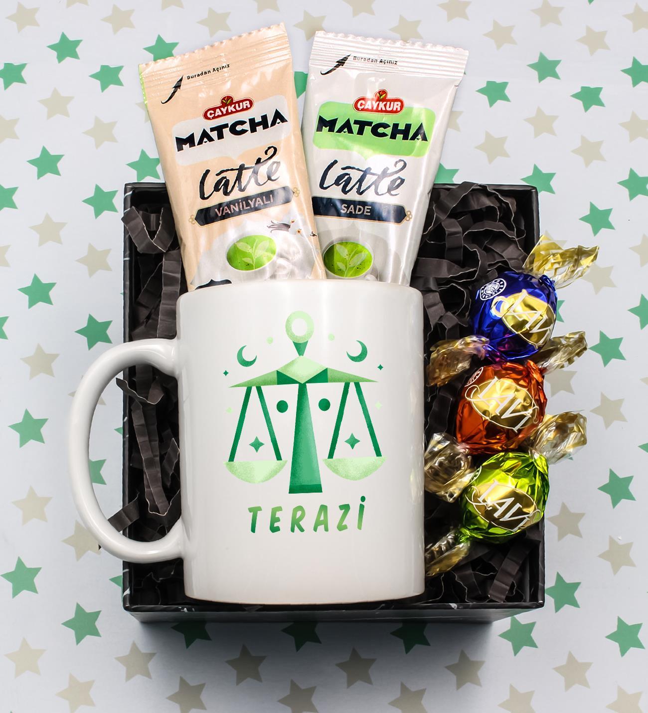 Terazi Burcu Tasarım Kupa & 3'lü Lavi Çikolata & 2'li Çaykur Matcha Detokslu Latte Hediye Seti