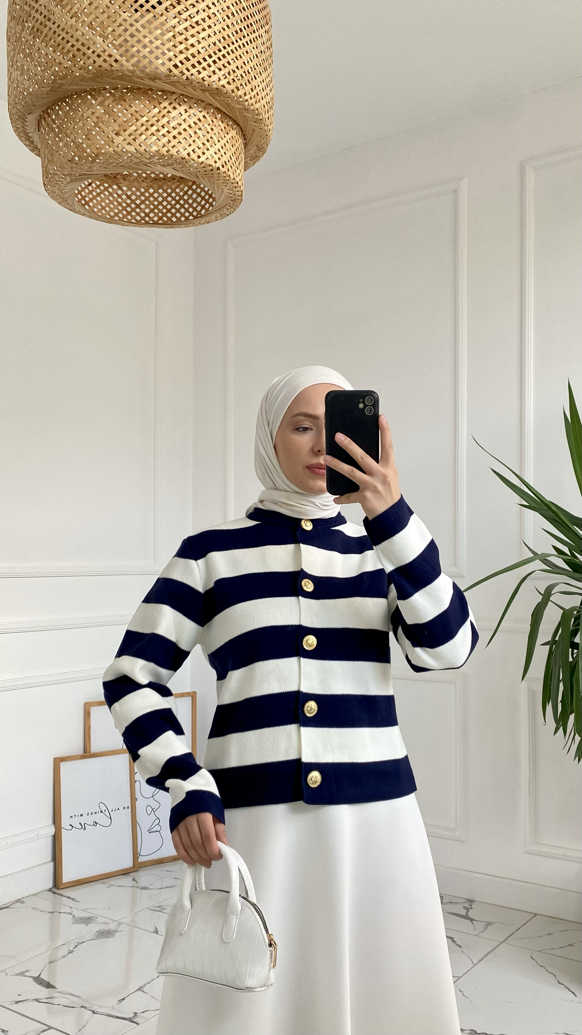 Abiga Lacivert Zara Model Çizgili Kısa Triko Hırka