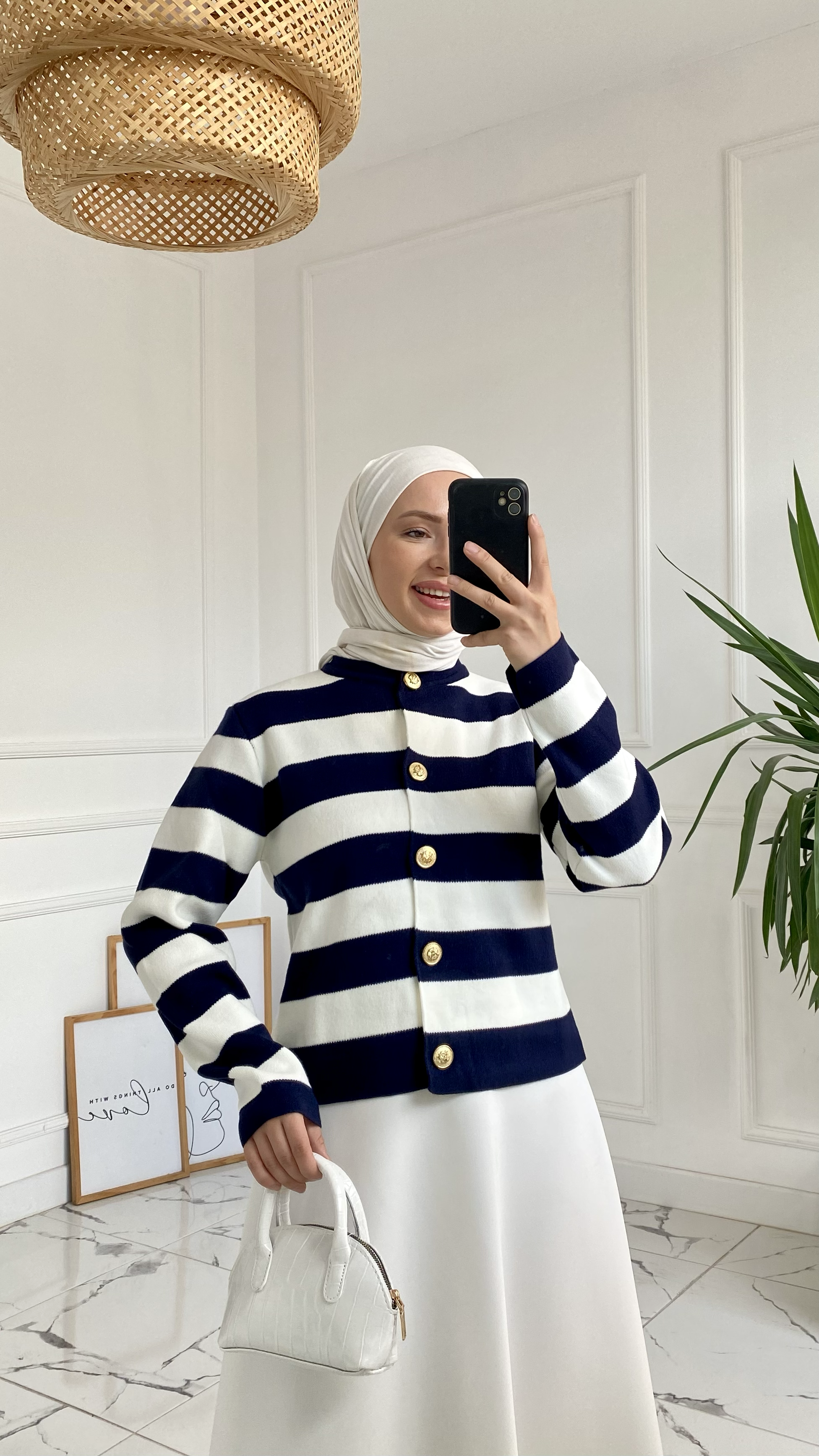 Abiga Lacivert Zara Model Çizgili Kısa Triko Hırka