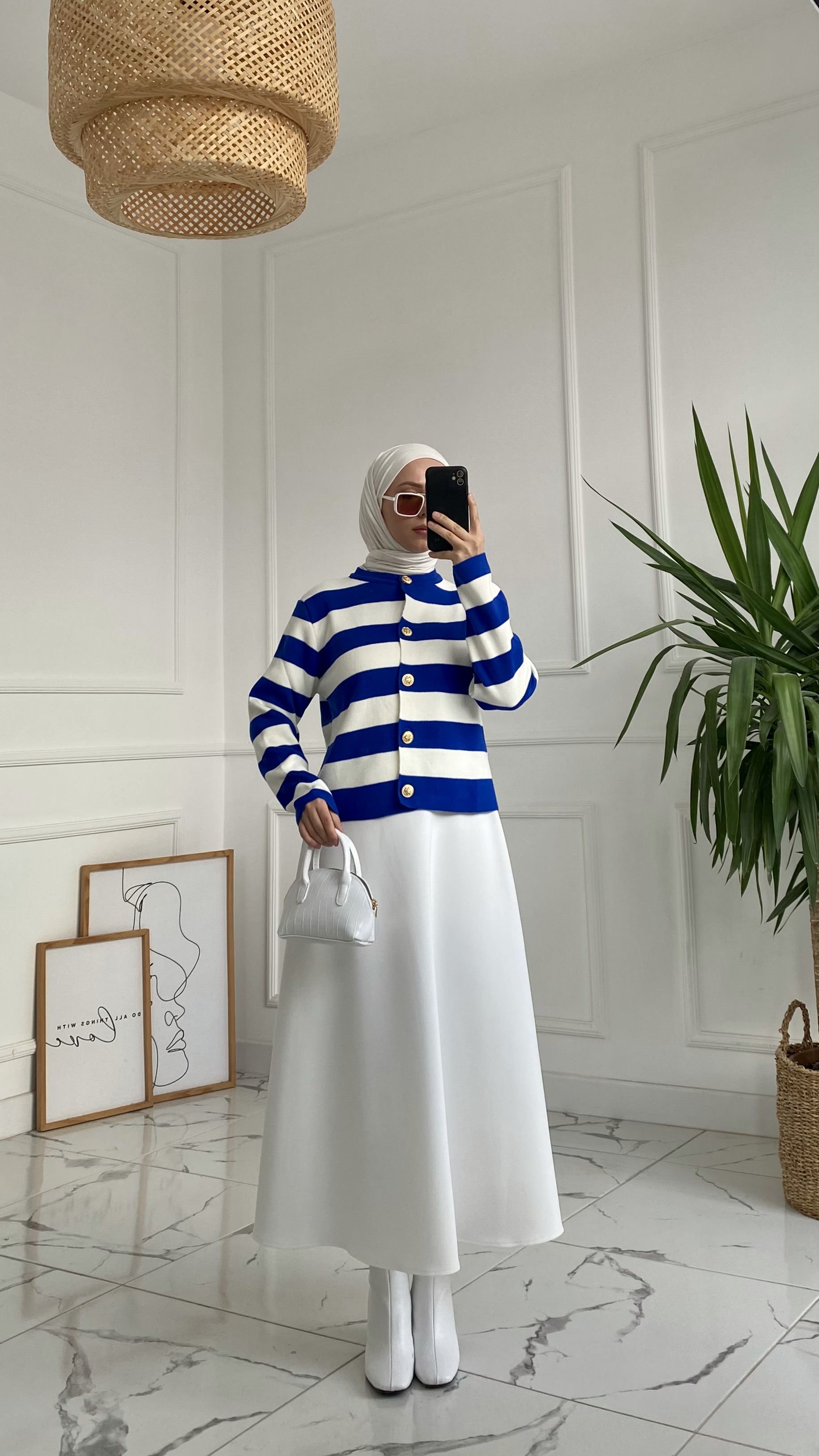 Abiga Saks Mavisi Zara Model Çizgili Kısa Triko Hırka