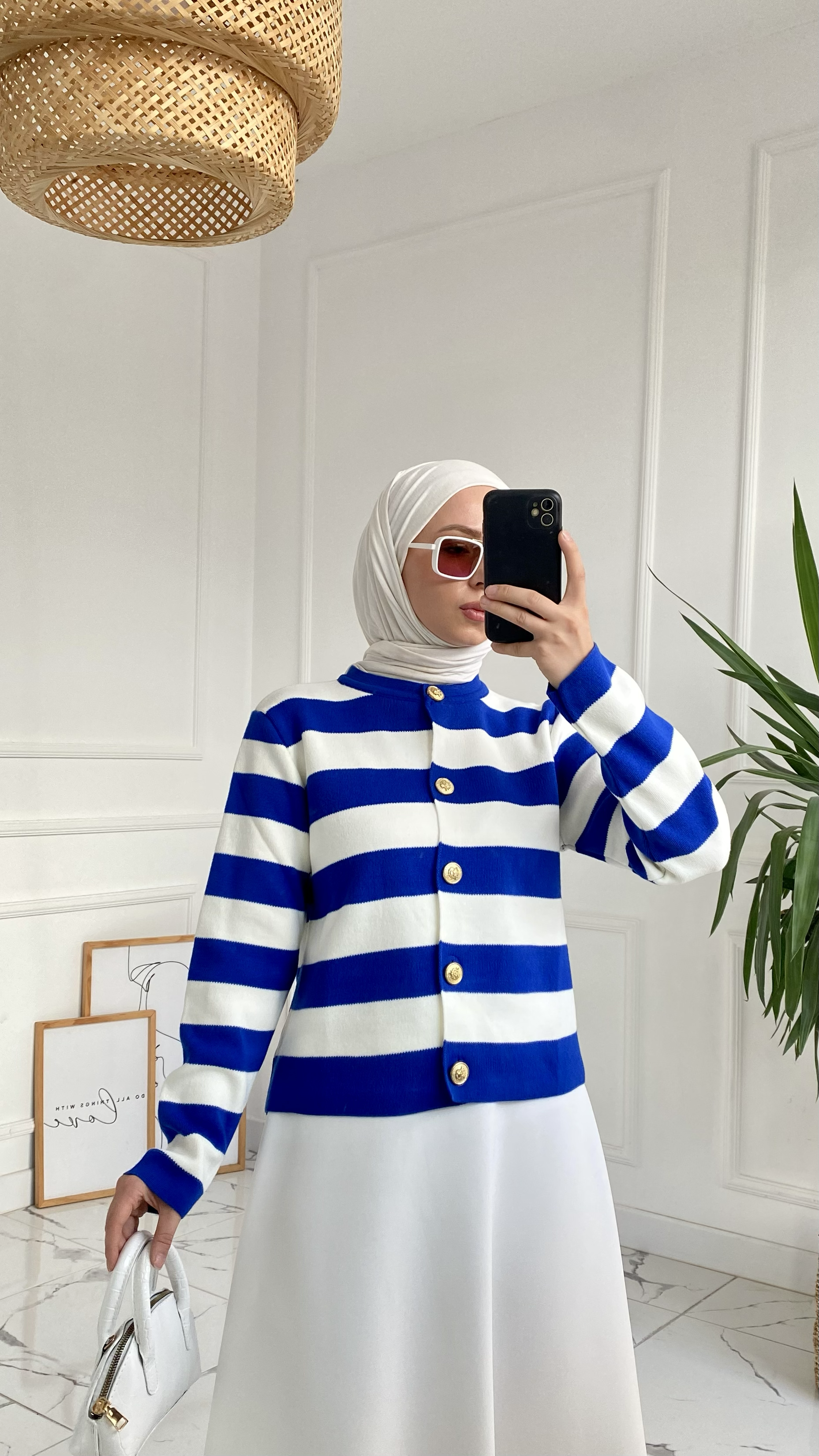 Abiga Saks Mavisi Zara Model Çizgili Kısa Triko Hırka