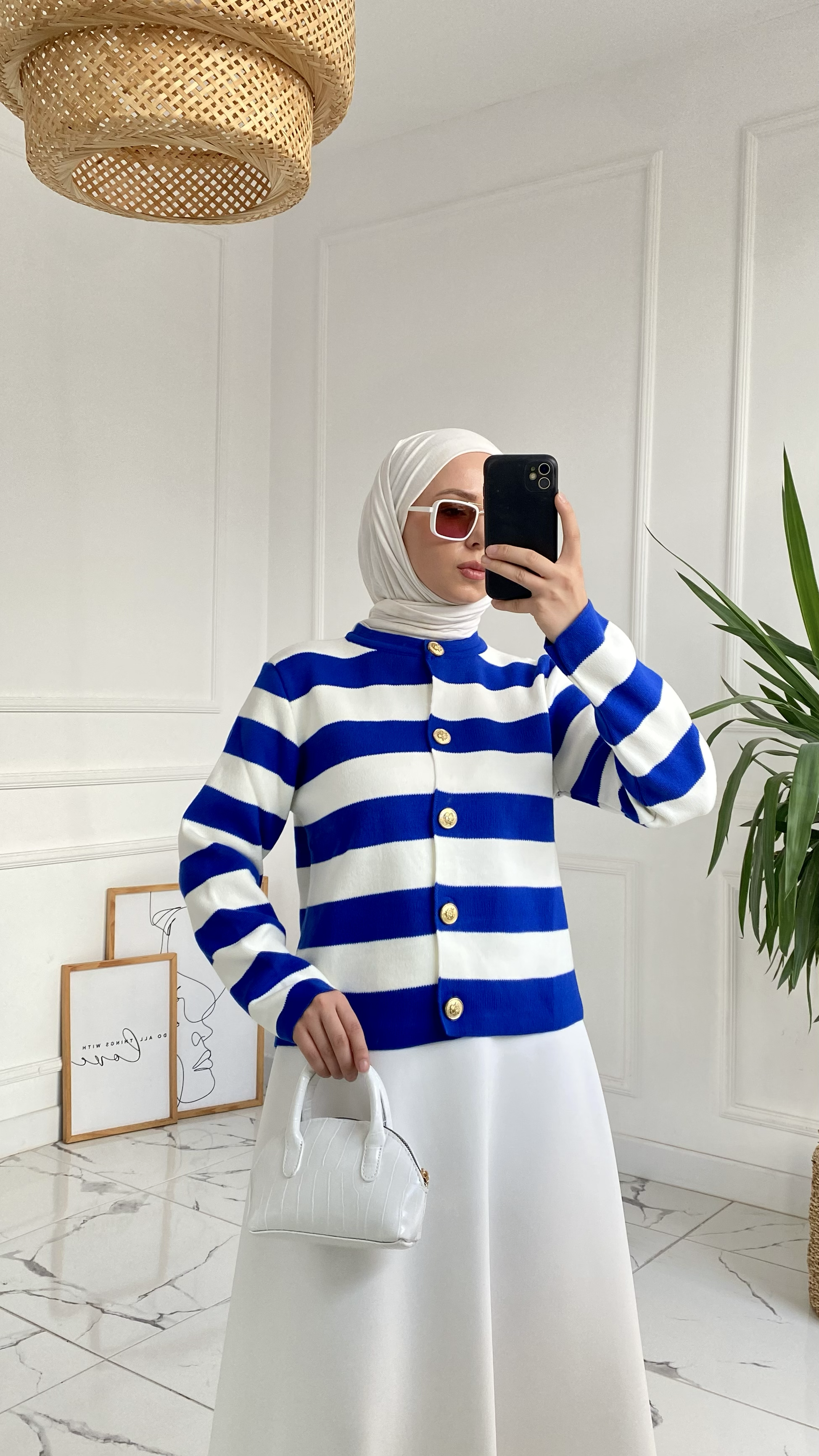 Abiga Saks Mavisi Zara Model Çizgili Kısa Triko Hırka