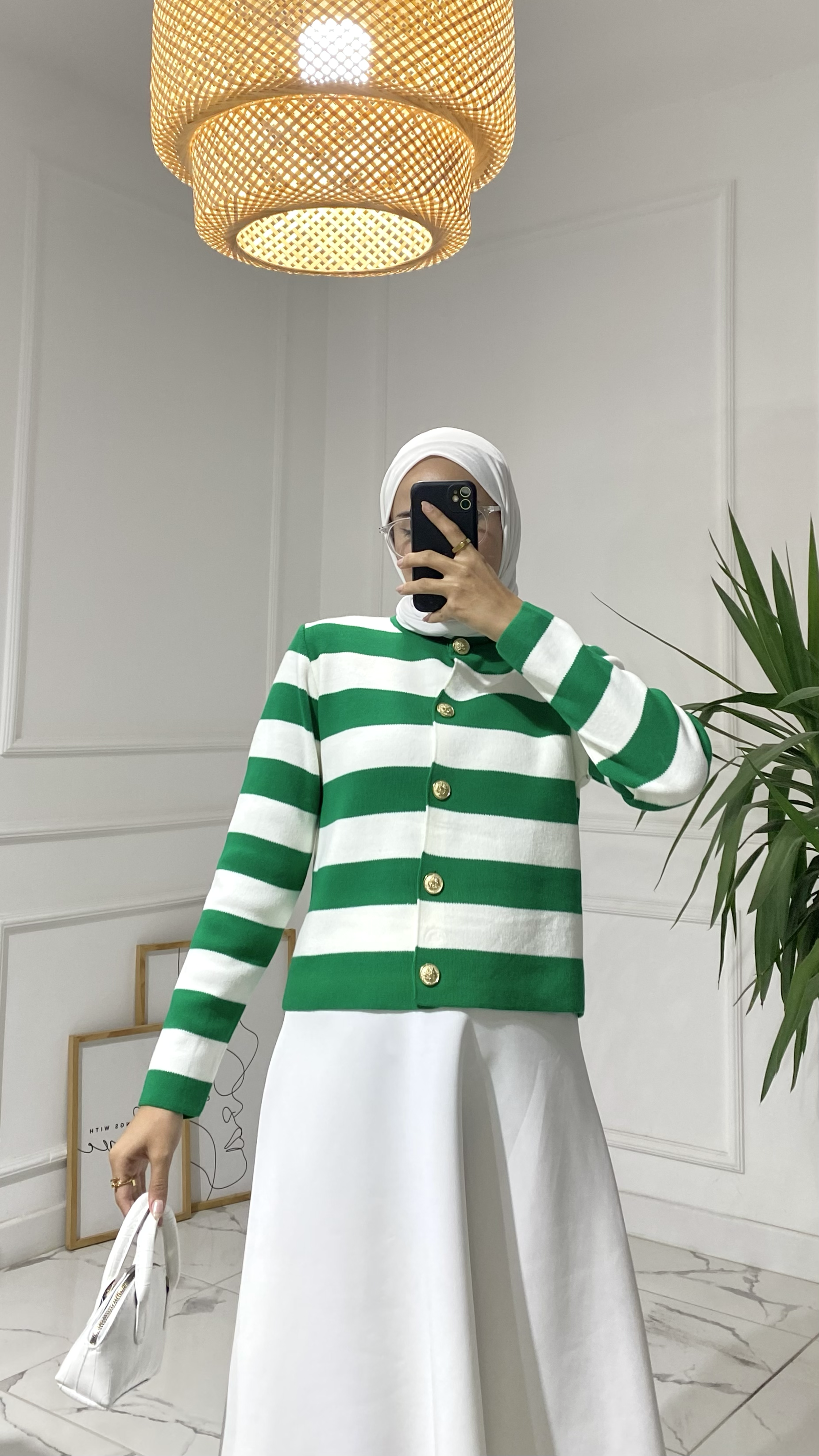 Abiga Yeşil Zara Model Çizgili Kısa Triko Hırka