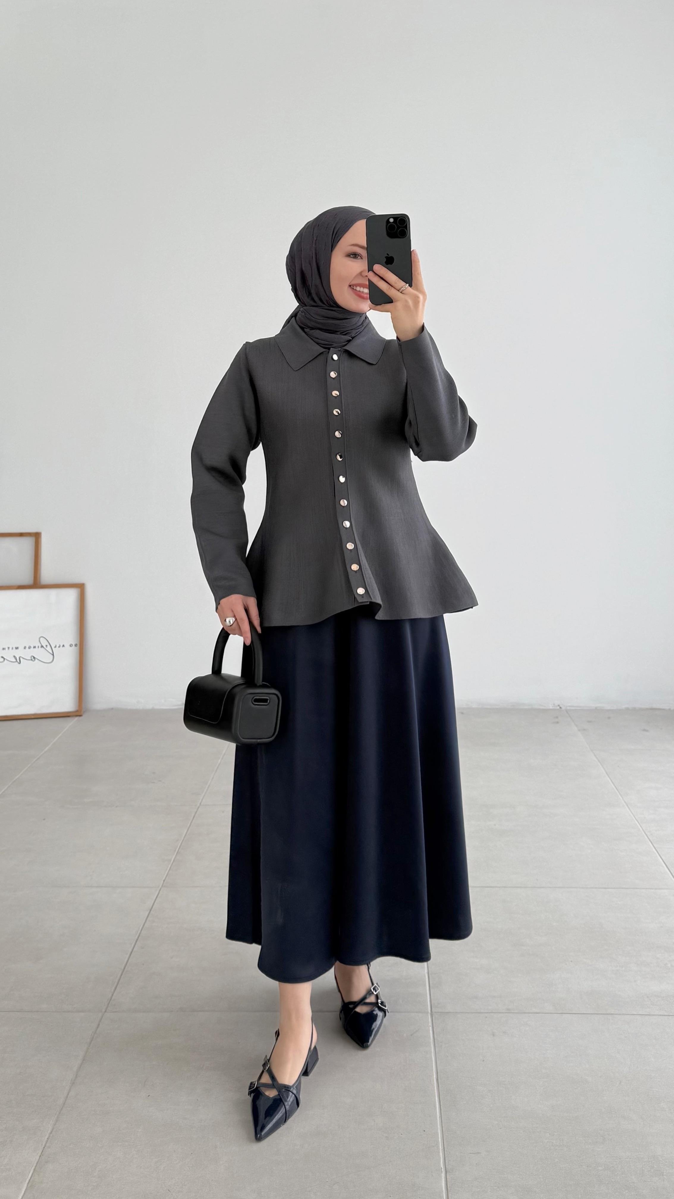 Açelna Yakalı Merserize Gri Hırka 