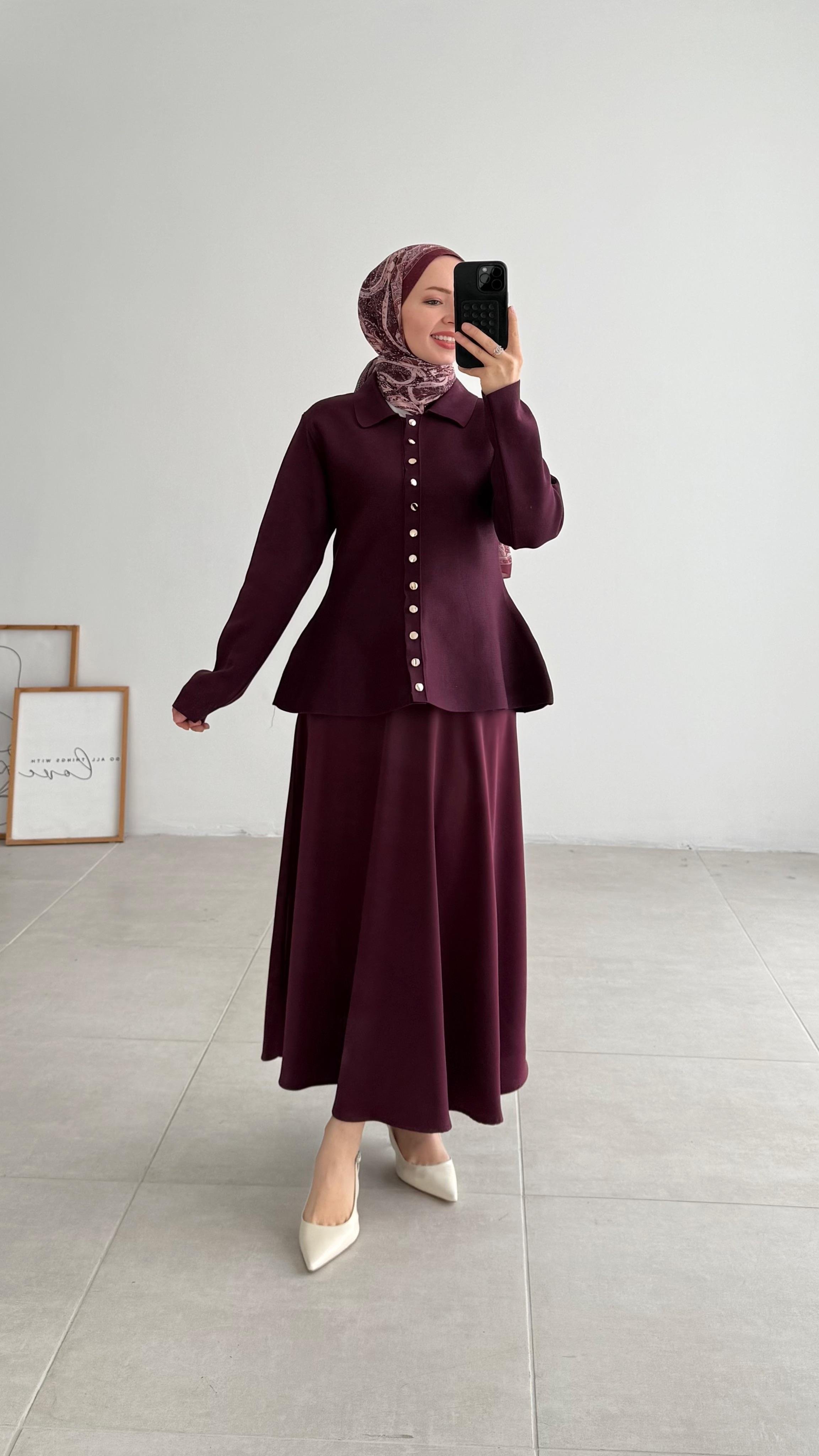 Açelna Yakalı Merserize Mürdüm Hırka 