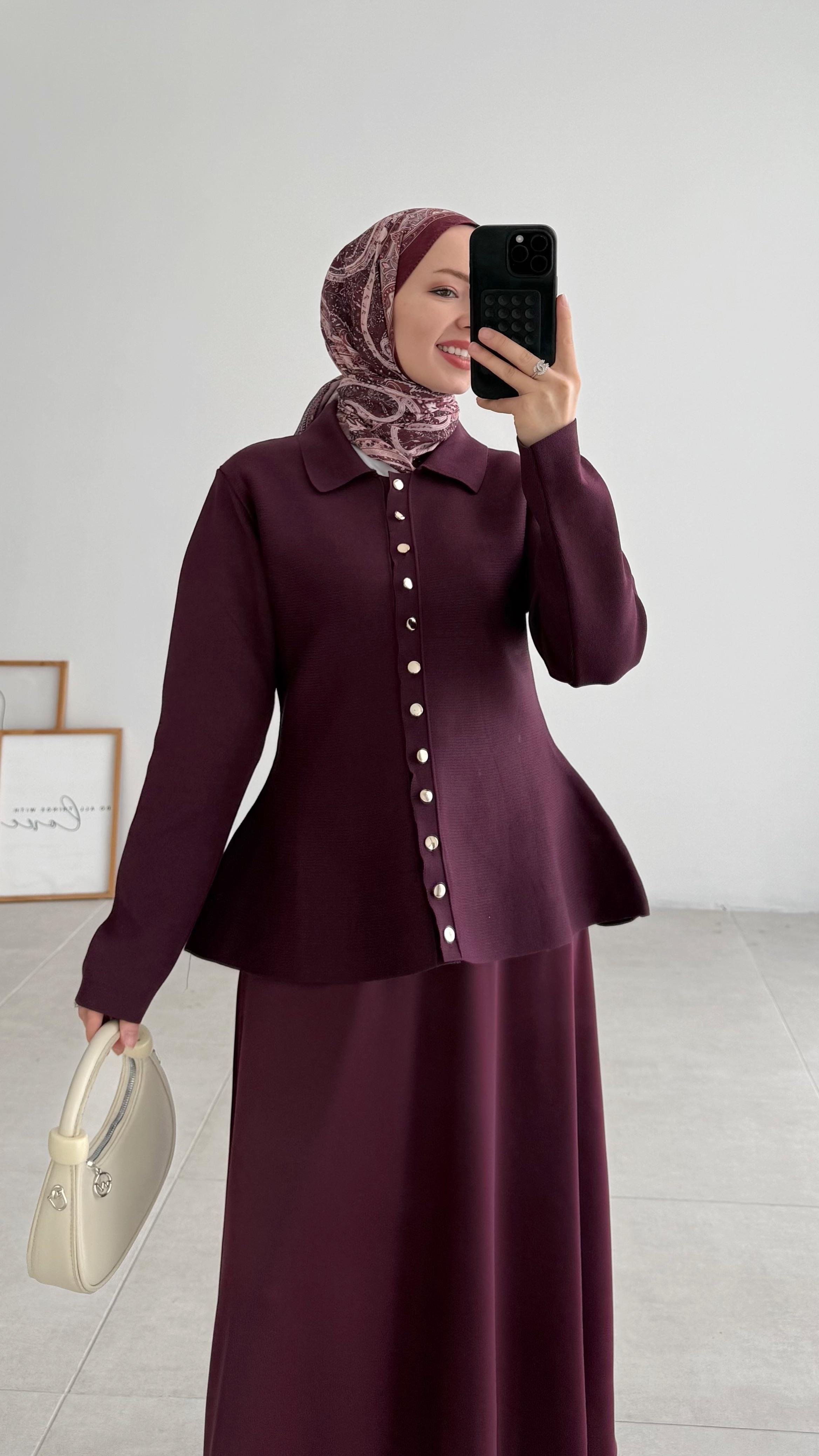 Açelna Yakalı Merserize Mürdüm Hırka 