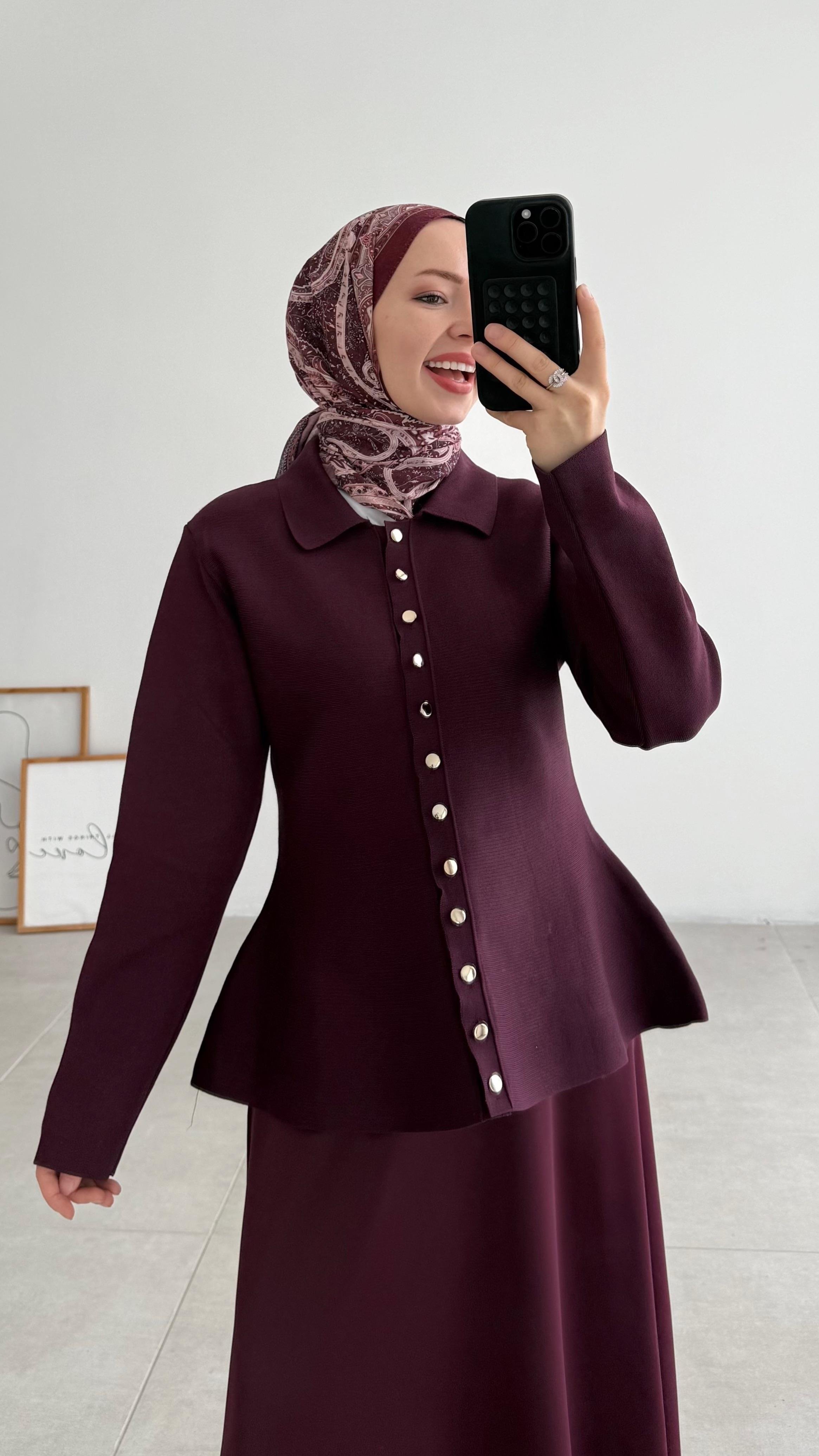 Açelna Yakalı Merserize Mürdüm Hırka 