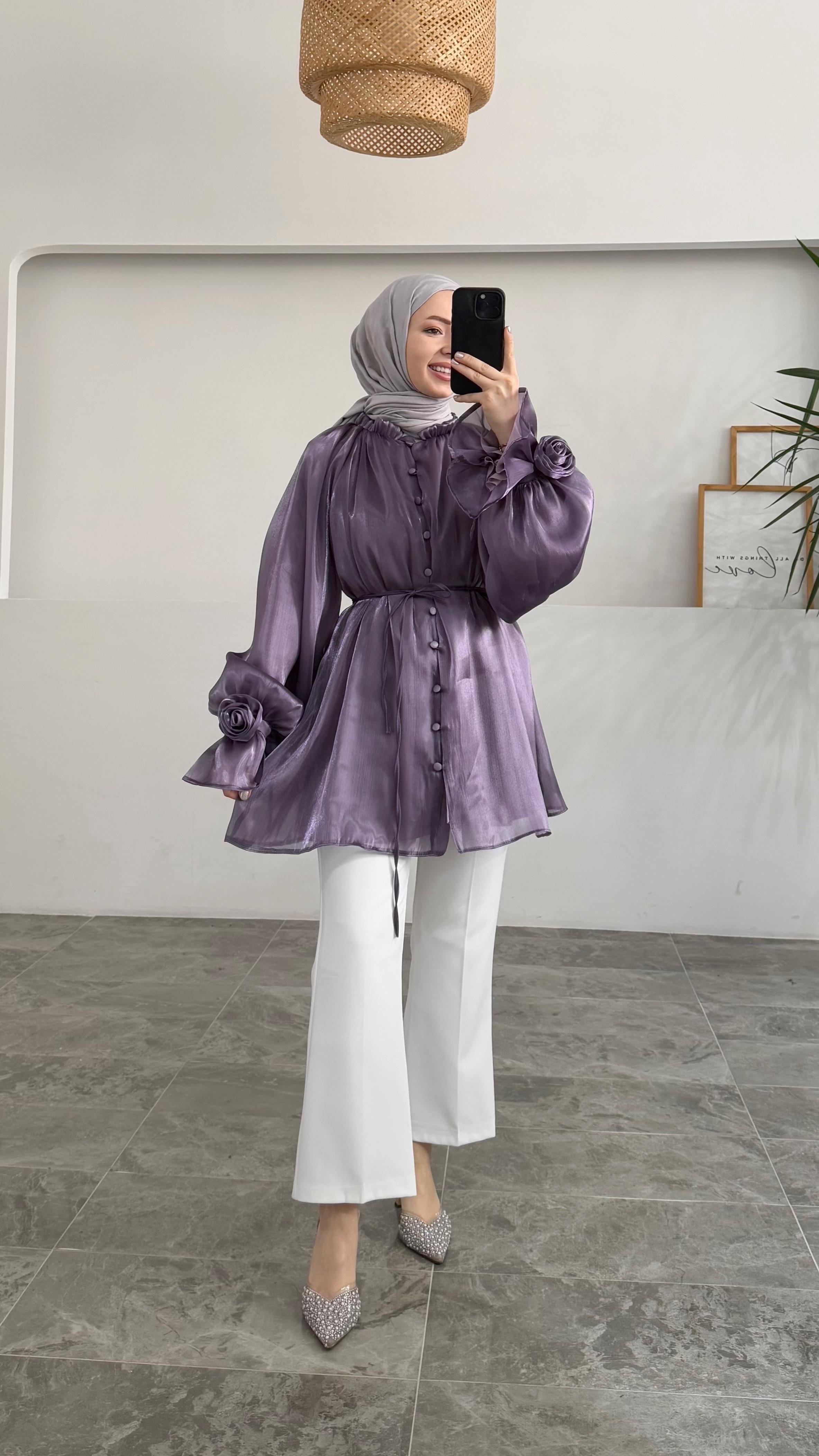 Aknay Organze Gül Detaylı Lila Tunik