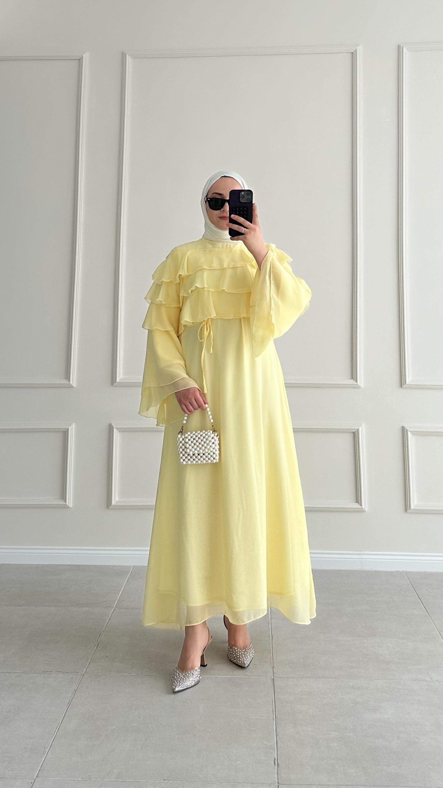 Almira Premium Şifon Sarı Elbise