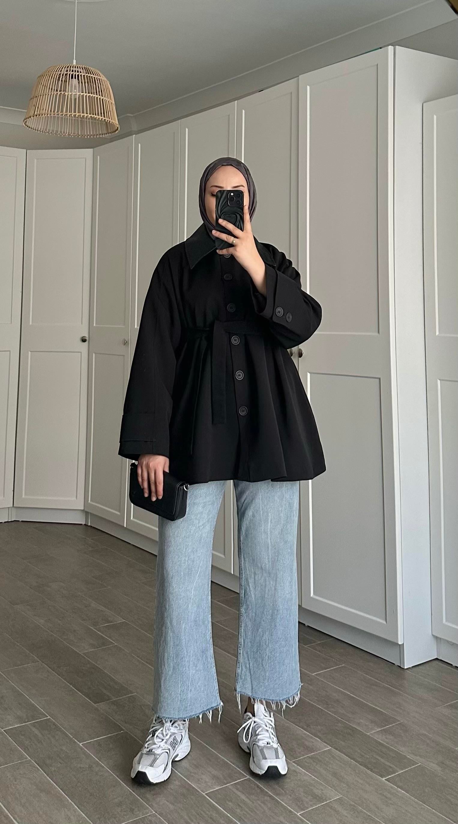 Amazon Düğmeli Siyah Trençkot