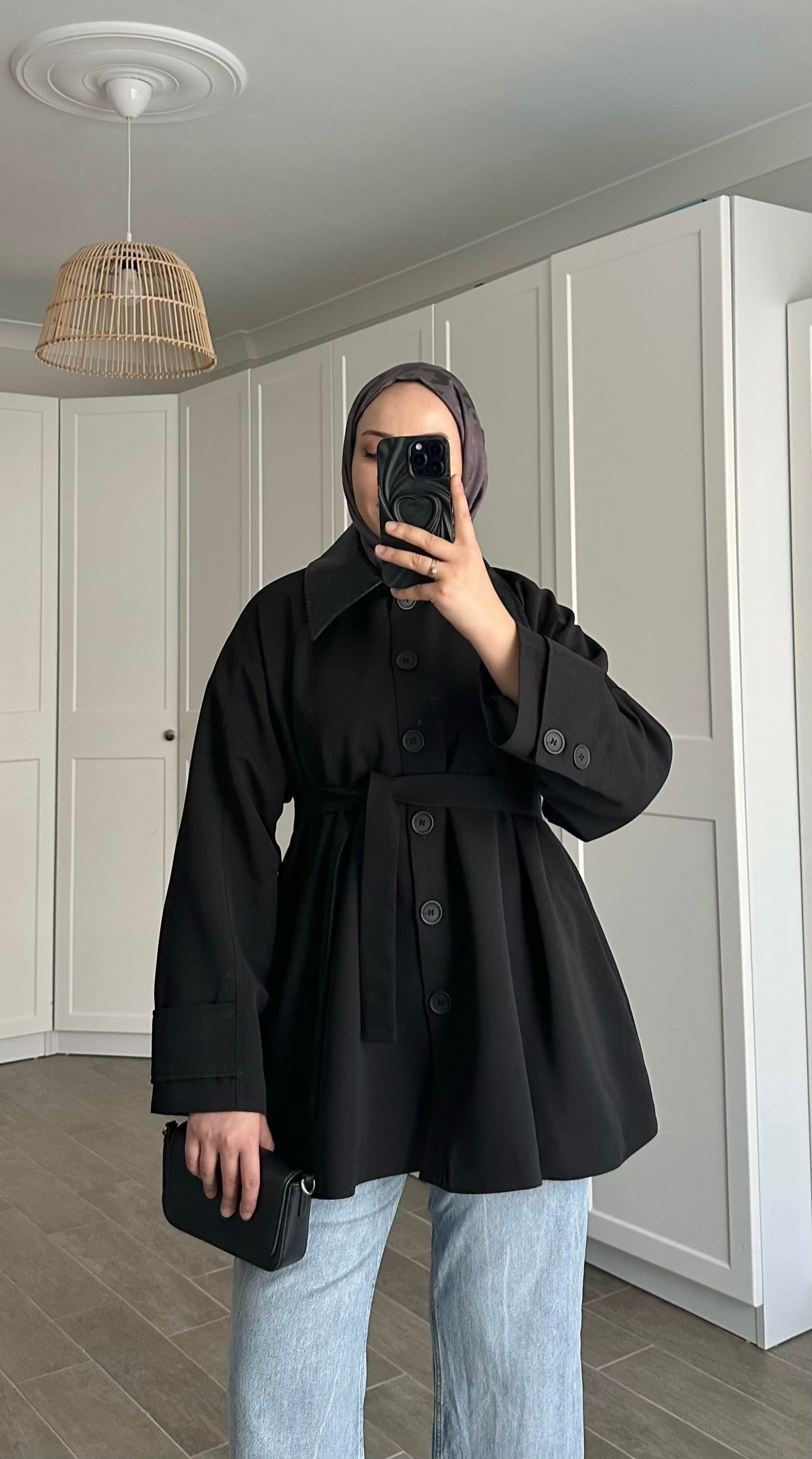 Amazon Düğmeli Siyah Trençkot