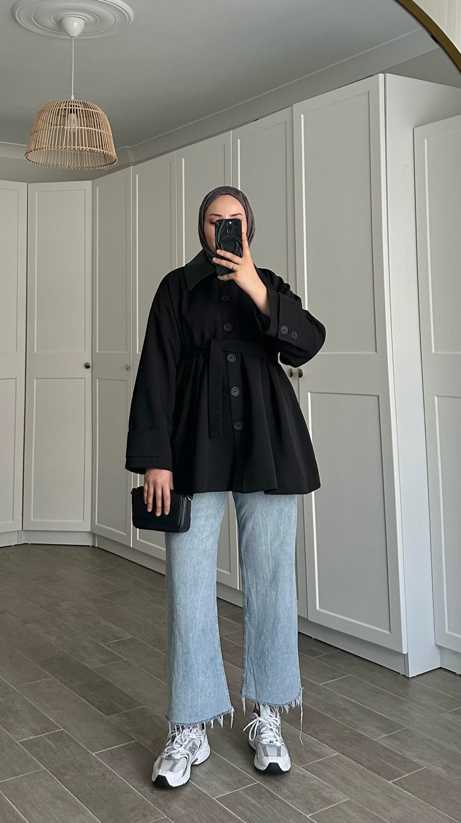 Amazon Düğmeli Siyah Trençkot