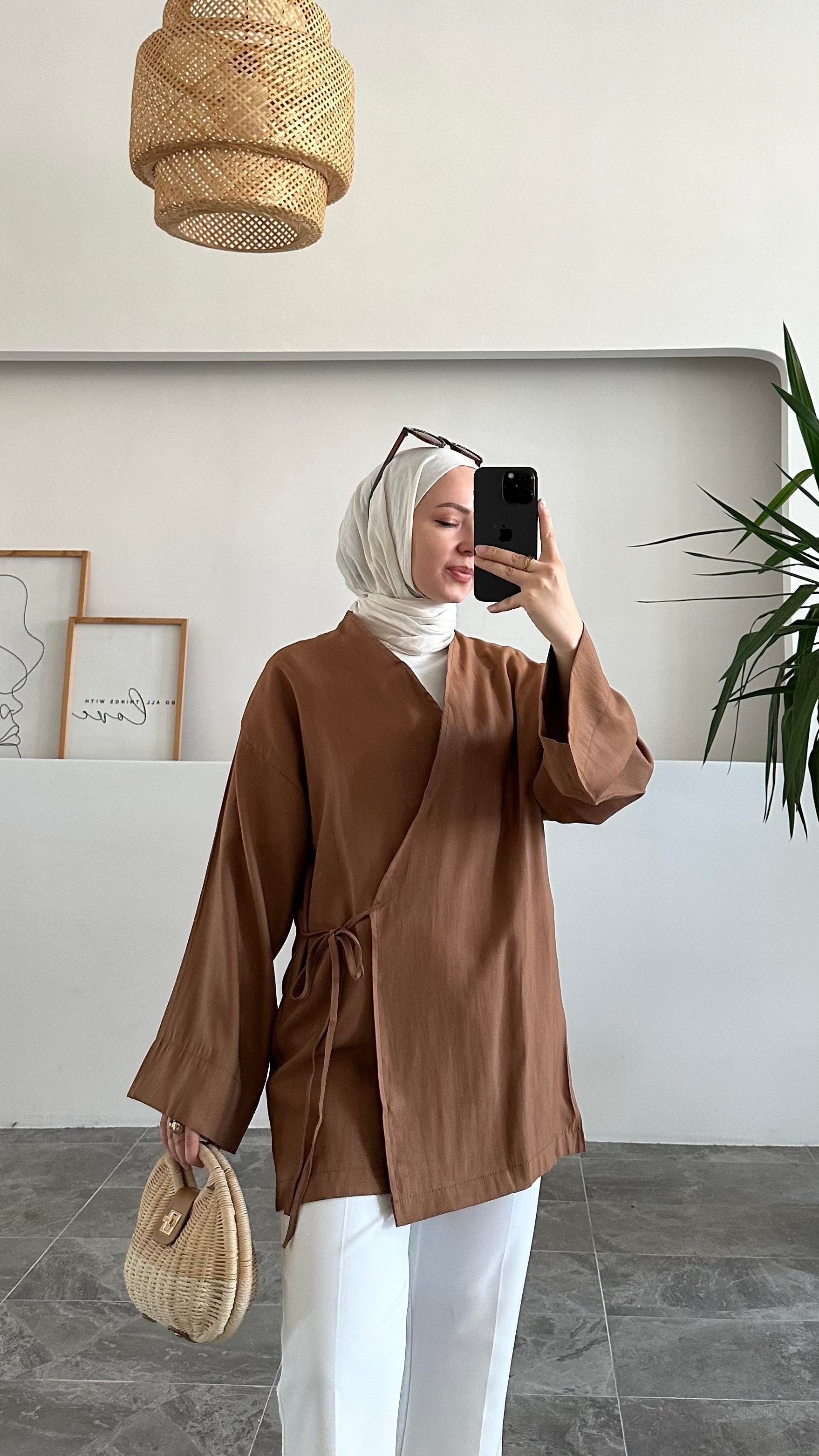Apay Bağlamalı Kahve Keten Kimono