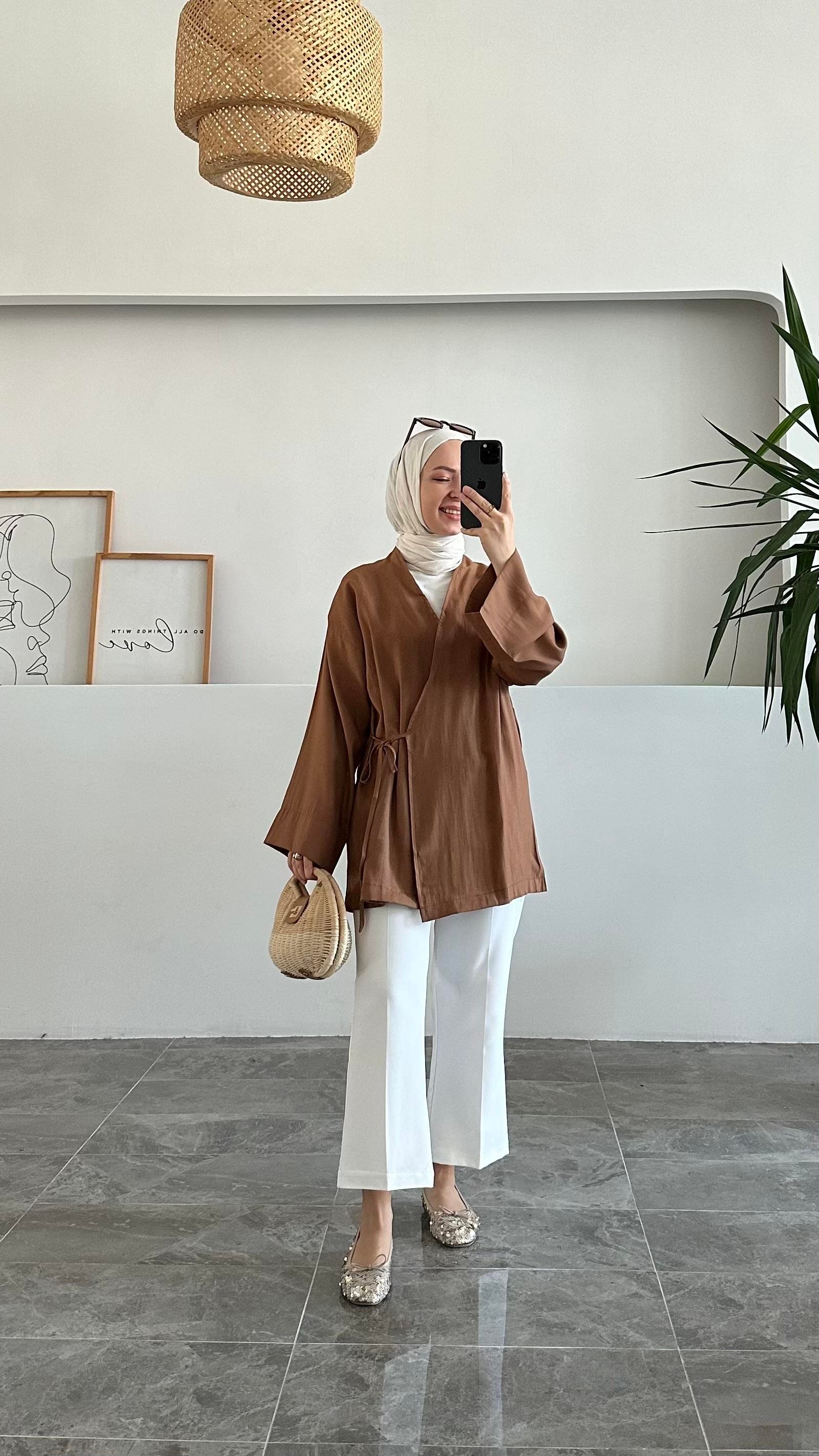 Apay Bağlamalı Kahve Keten Kimono