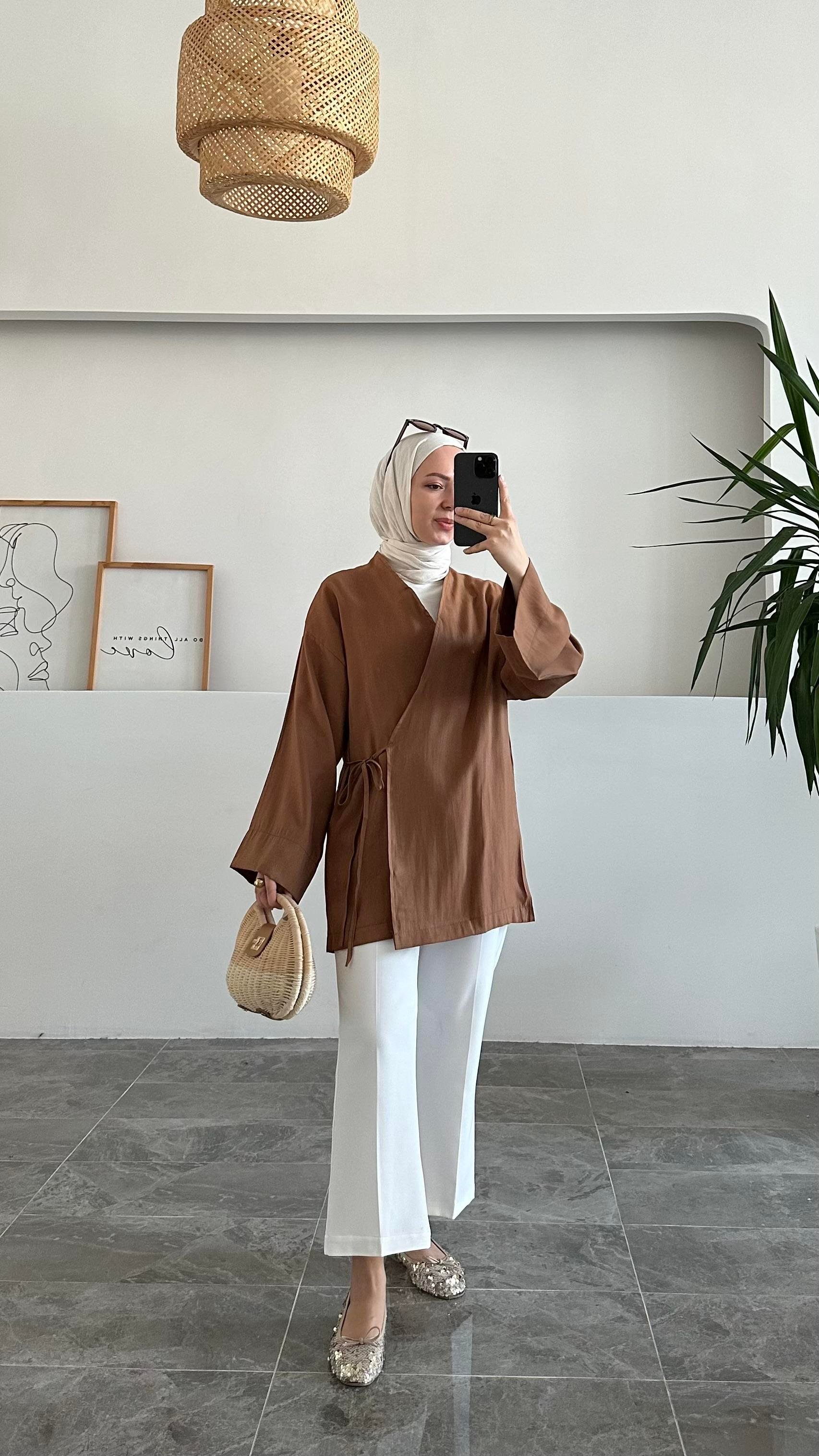 Apay Bağlamalı Kahve Keten Kimono