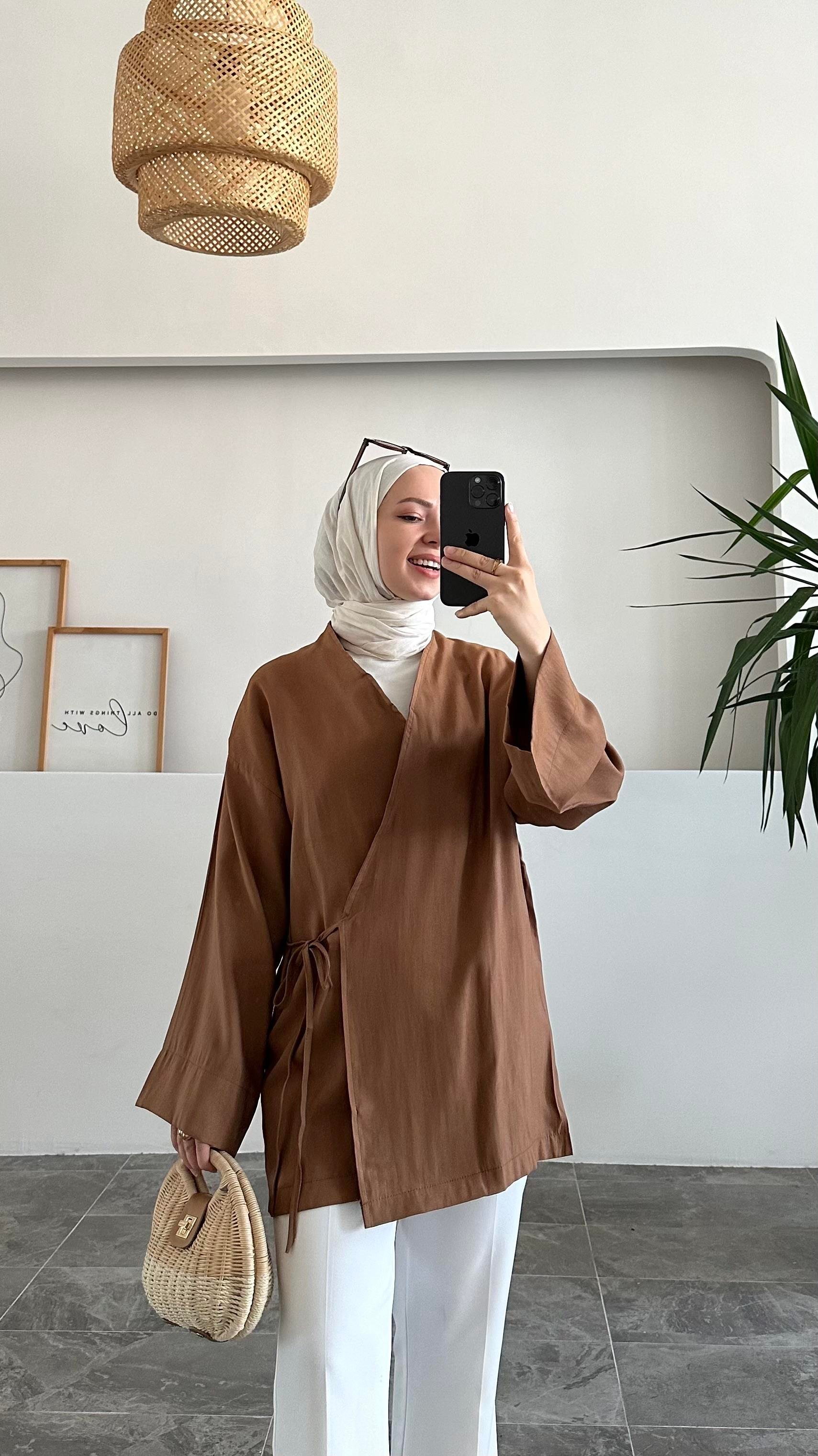 Apay Bağlamalı Kahve Keten Kimono