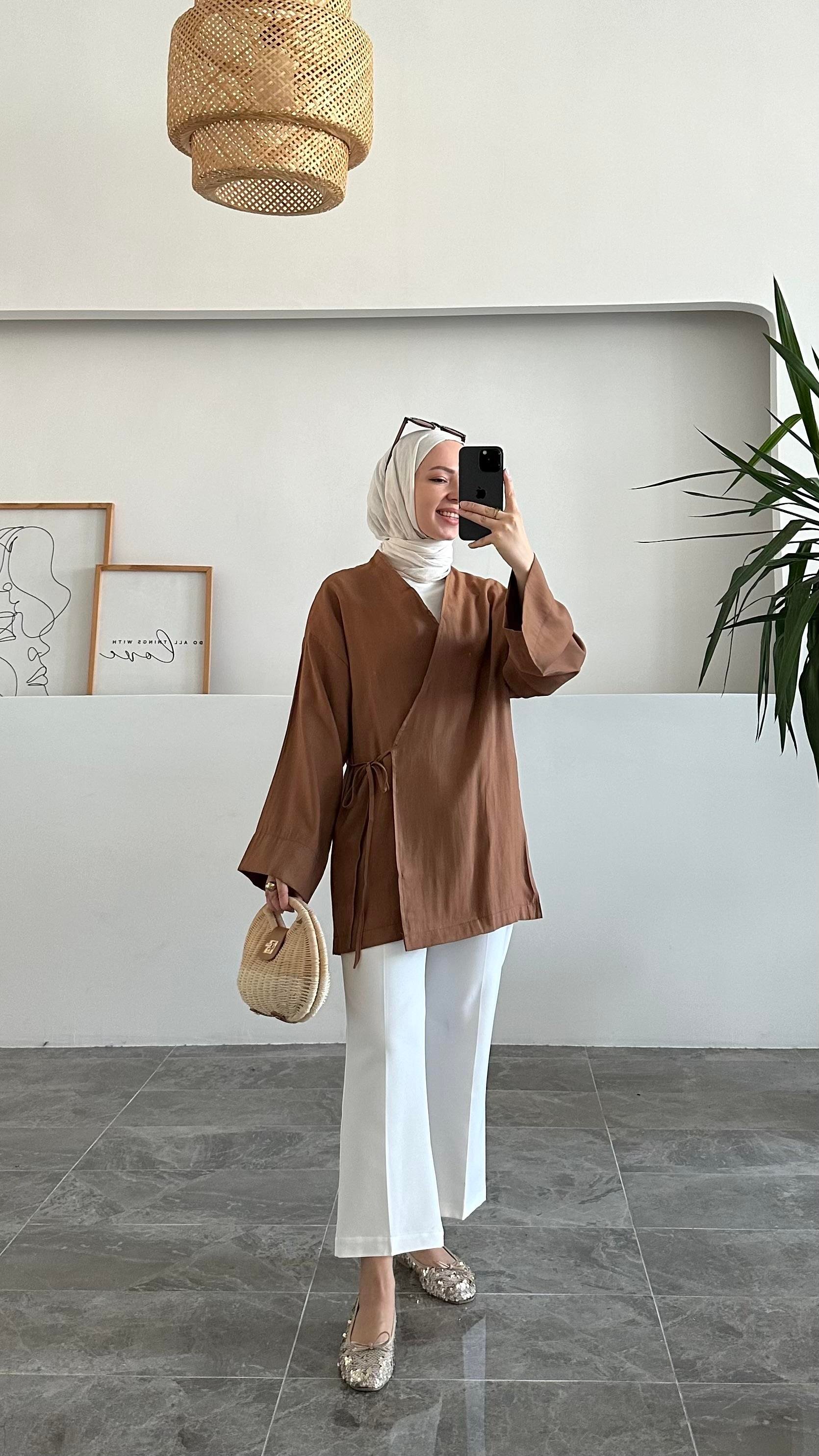 Apay Bağlamalı Kahve Keten Kimono