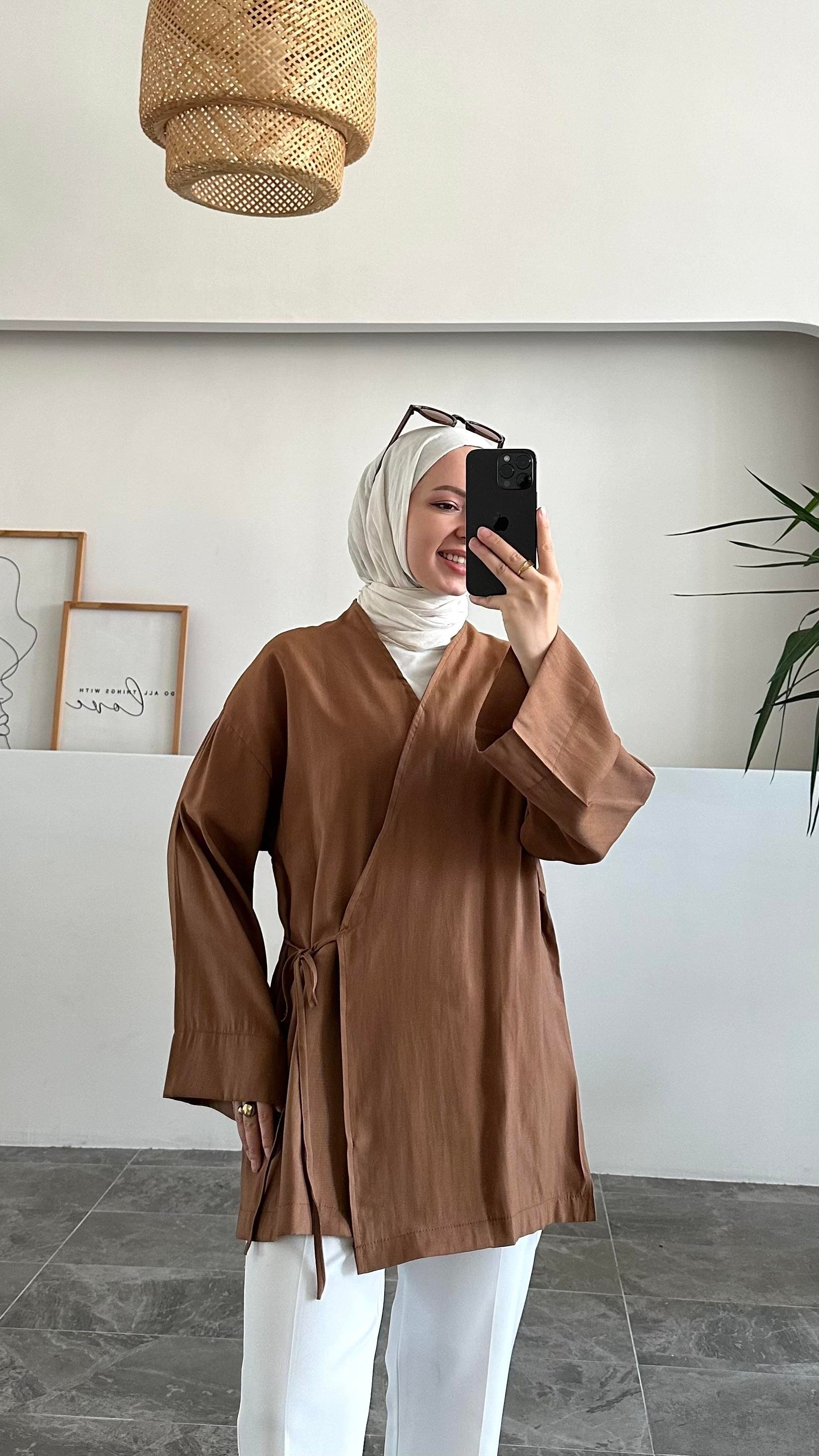 Apay Bağlamalı Kahve Keten Kimono