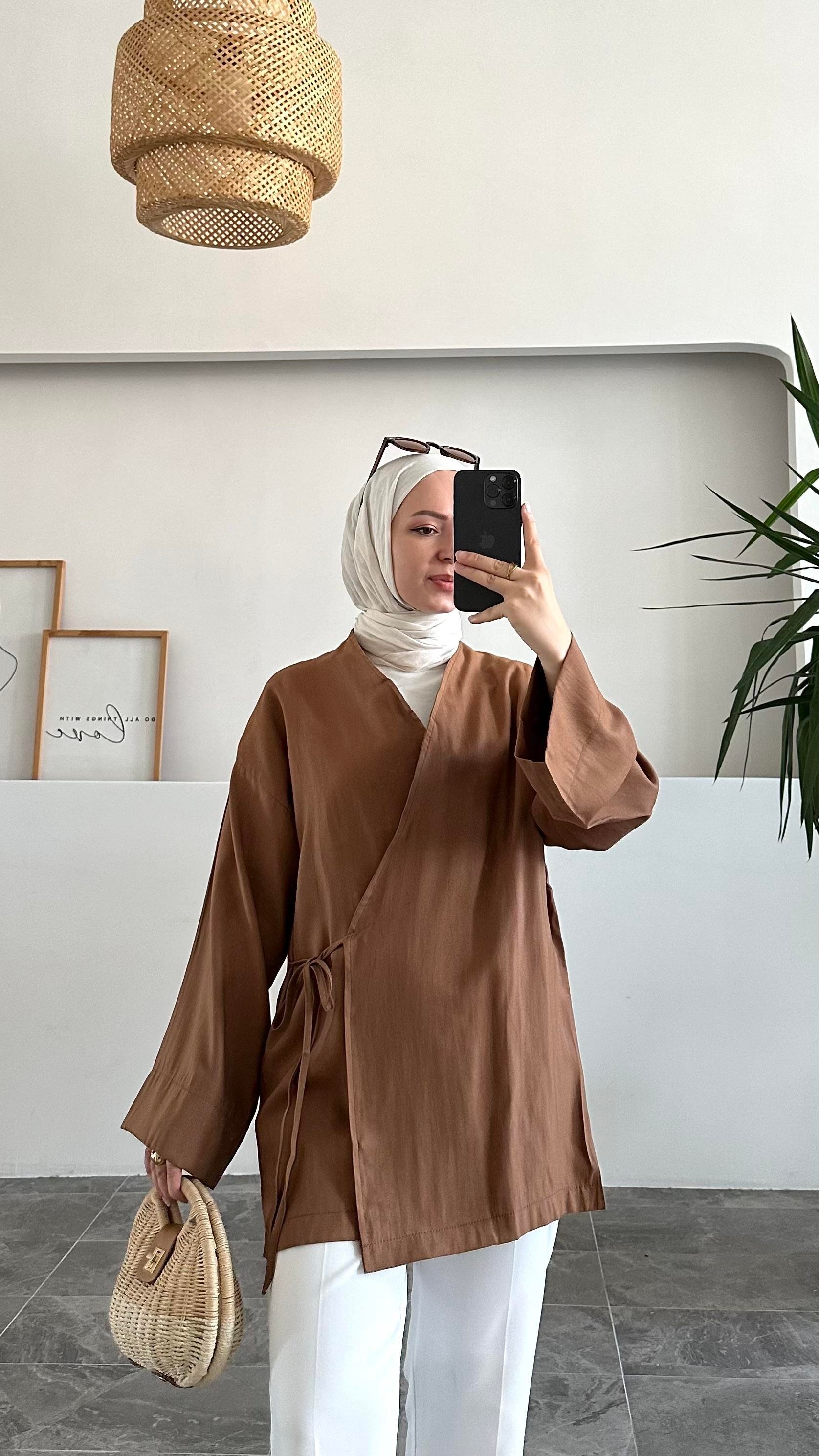 Apay Bağlamalı Kahve Keten Kimono