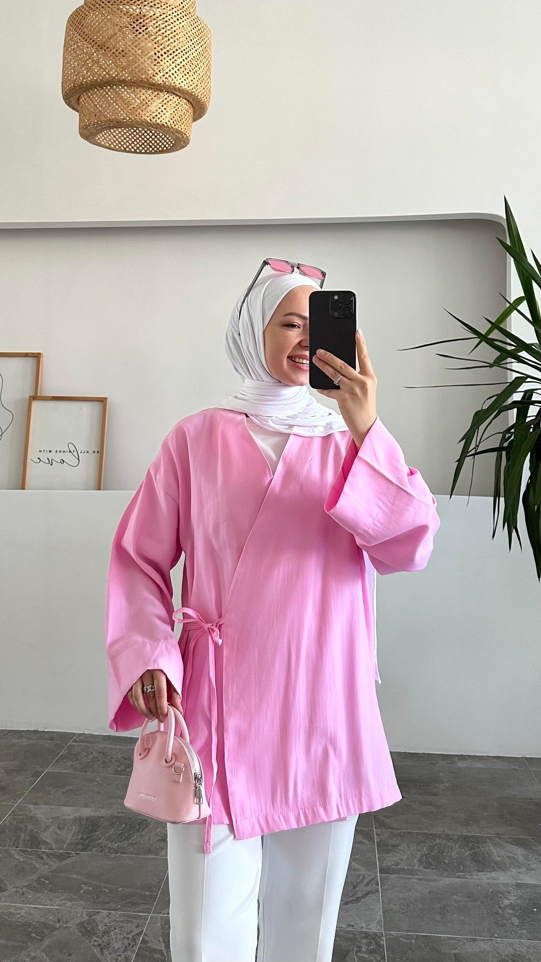 Apay Bağlamalı Pembe Keten Kimono