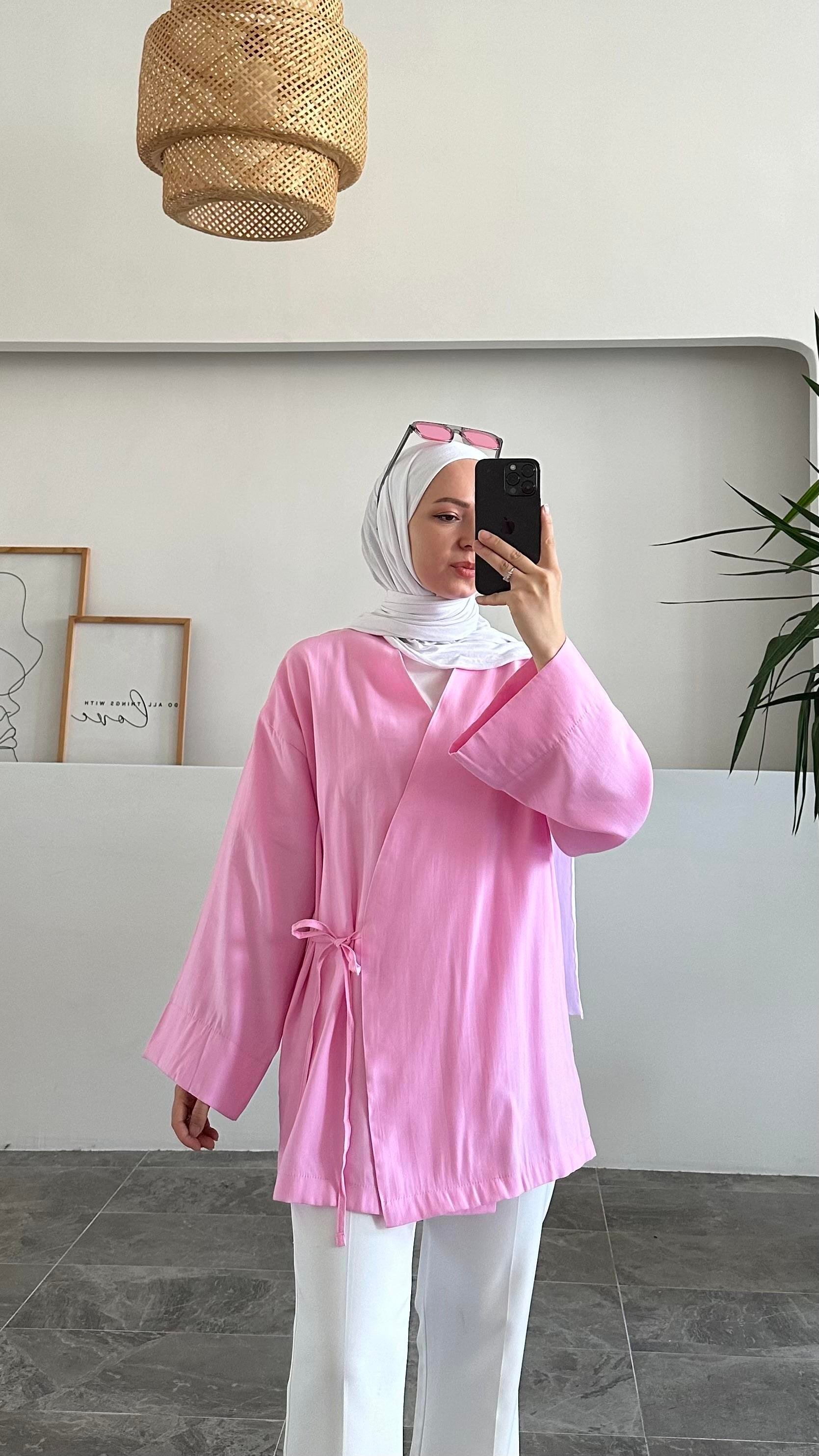 Apay Bağlamalı Pembe Keten Kimono