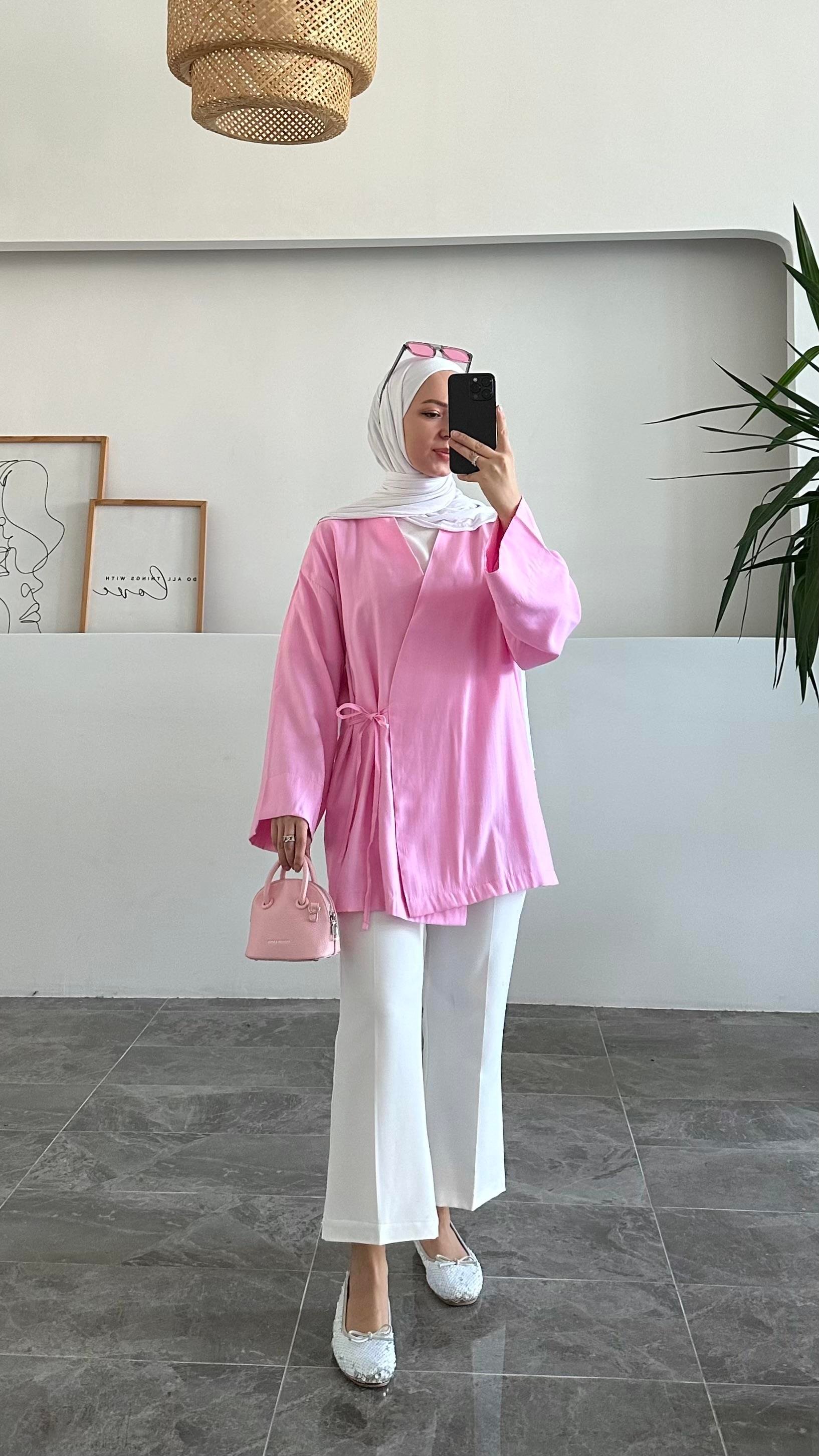 Apay Bağlamalı Pembe Keten Kimono